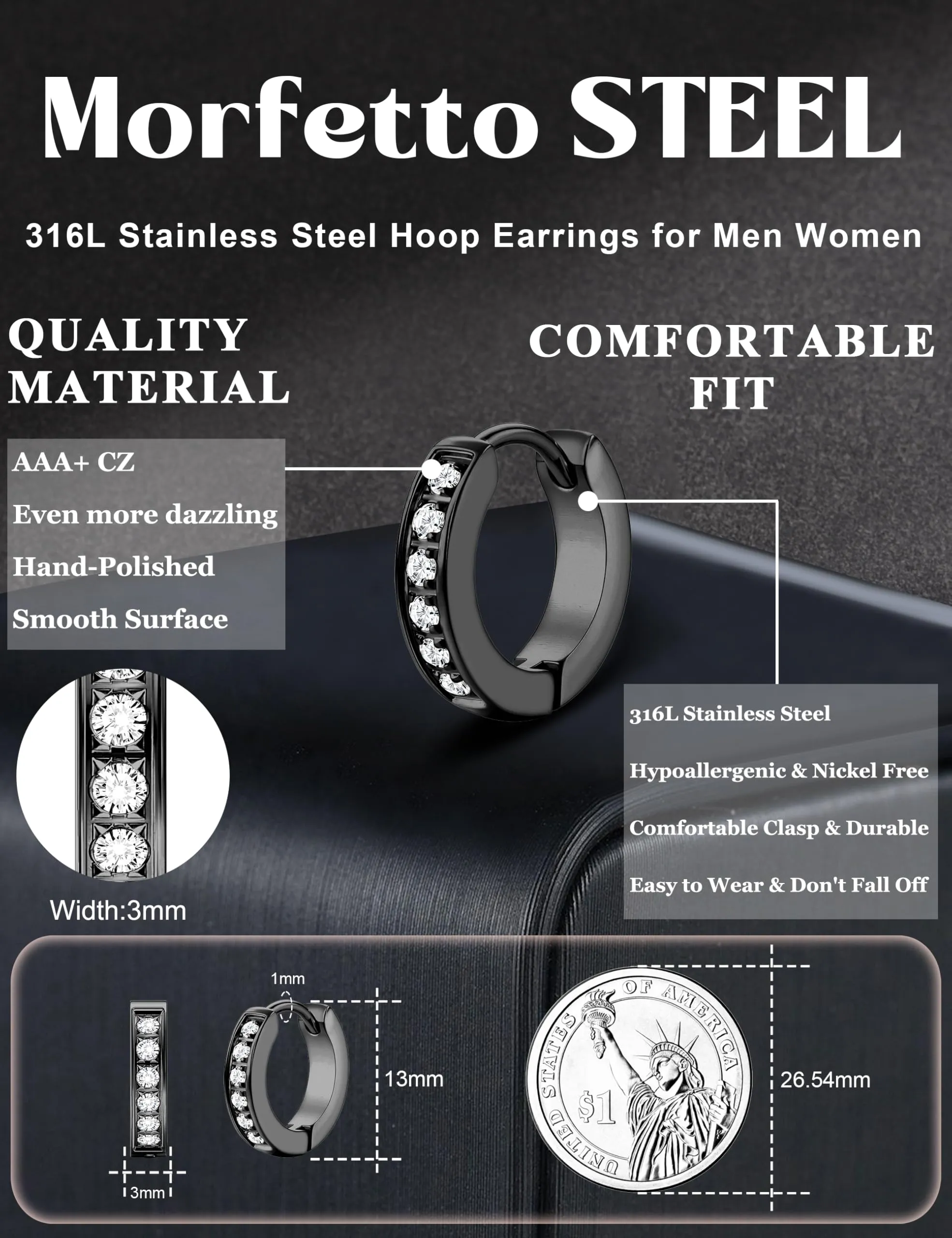 Orecchini Uomo Cerchio Acciaio inossidabile Anallergici - CZ Tono Dorato Tono Argentato Nero Orecchini A Cerchio Huggie Trendy Gioielli Di Moda Per Le Uomo Nero 13 mm - immagine 2