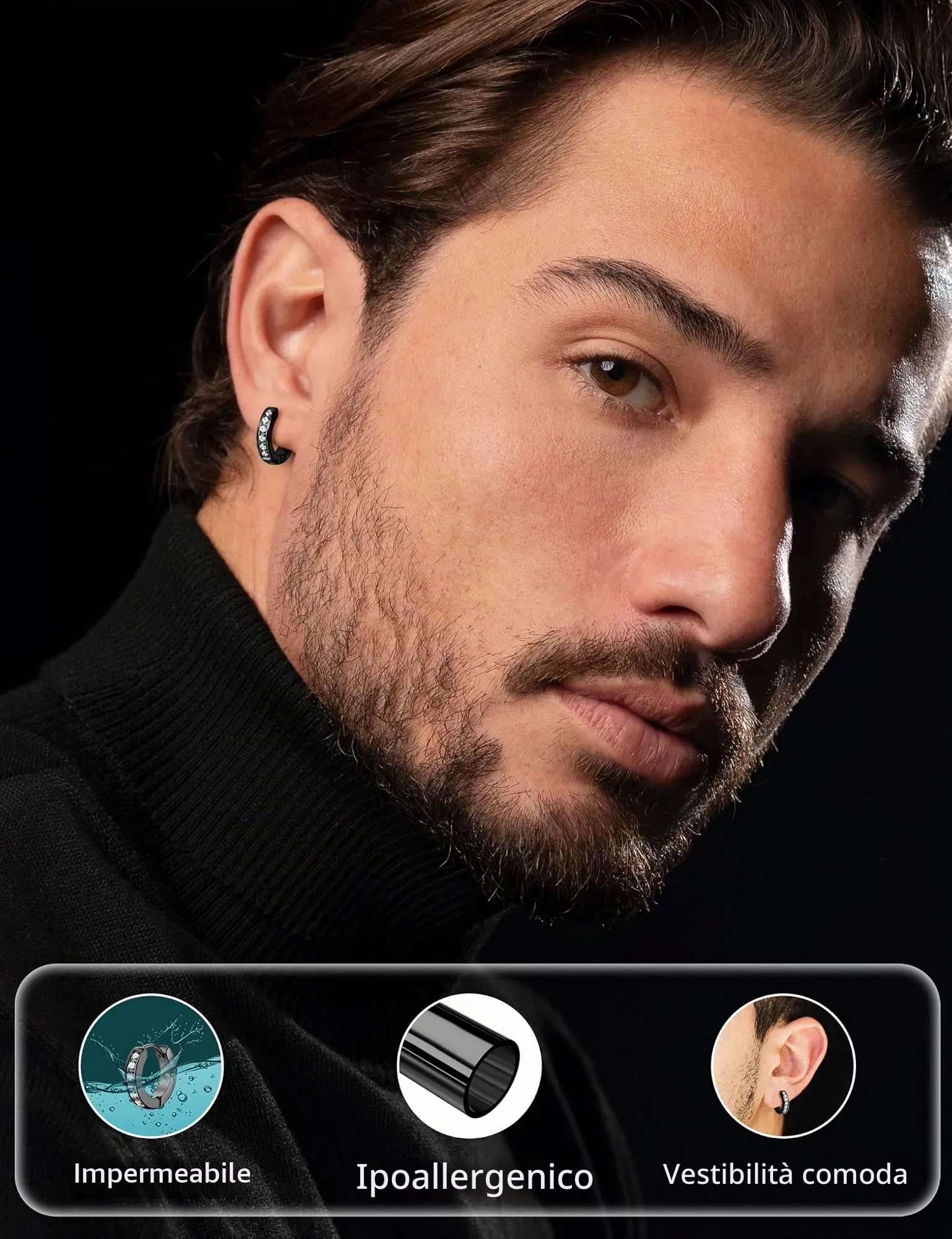 Orecchini Uomo Cerchio Acciaio inossidabile Anallergici - CZ Tono Dorato Tono Argentato Nero Orecchini A Cerchio Huggie Trendy Gioielli Di Moda Per Le Uomo Nero 13 mm - immagine 3