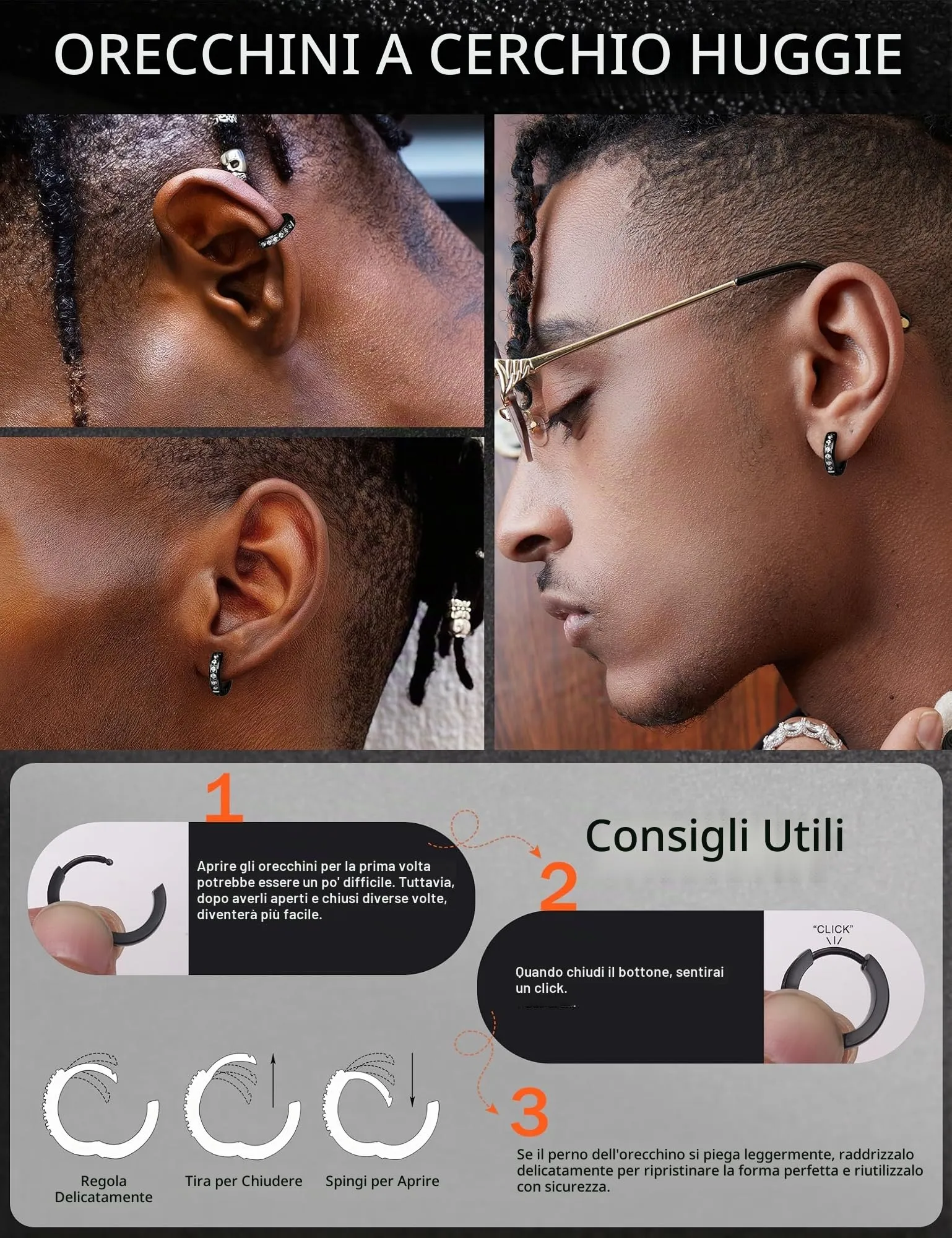 Orecchini Uomo Cerchio Acciaio inossidabile Anallergici - CZ Tono Dorato Tono Argentato Nero Orecchini A Cerchio Huggie Trendy Gioielli Di Moda Per Le Uomo Nero 13 mm - immagine 4