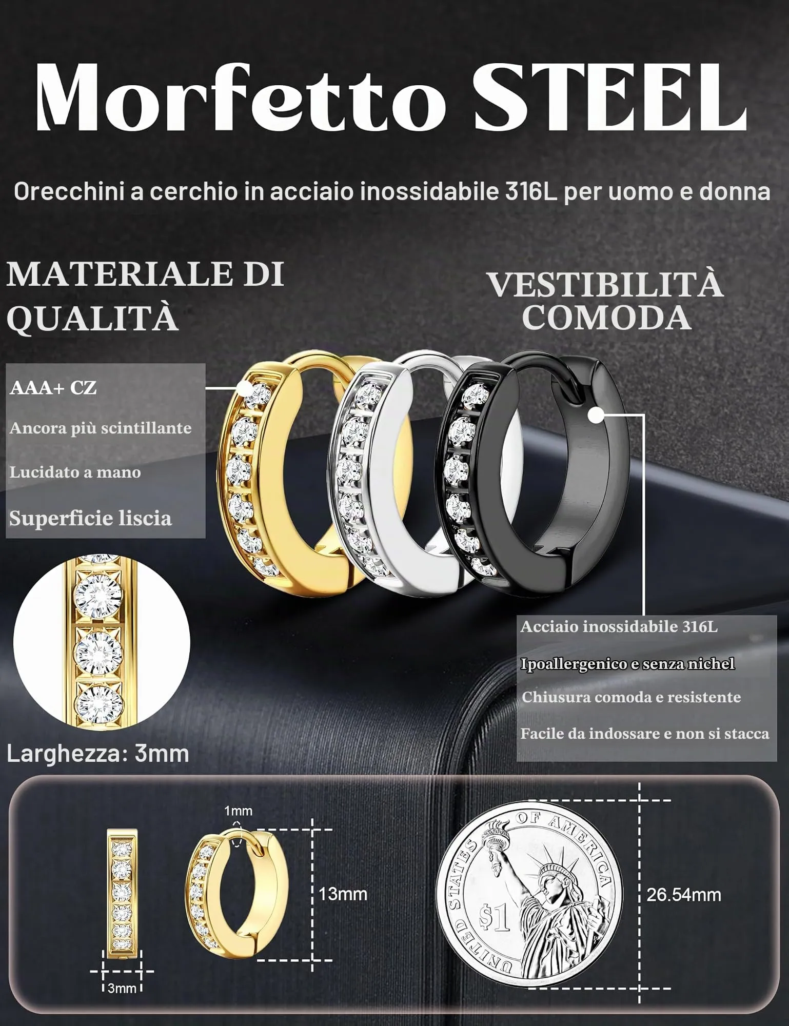 Orecchini Uomo Cerchio Acciaio inossidabile Anallergici - CZ Tono Argentato Nero Orecchini A Cerchio Huggie Trendy Gioielli Di Moda Per Le Uomo Colori Misti 13 mm - immagine 2