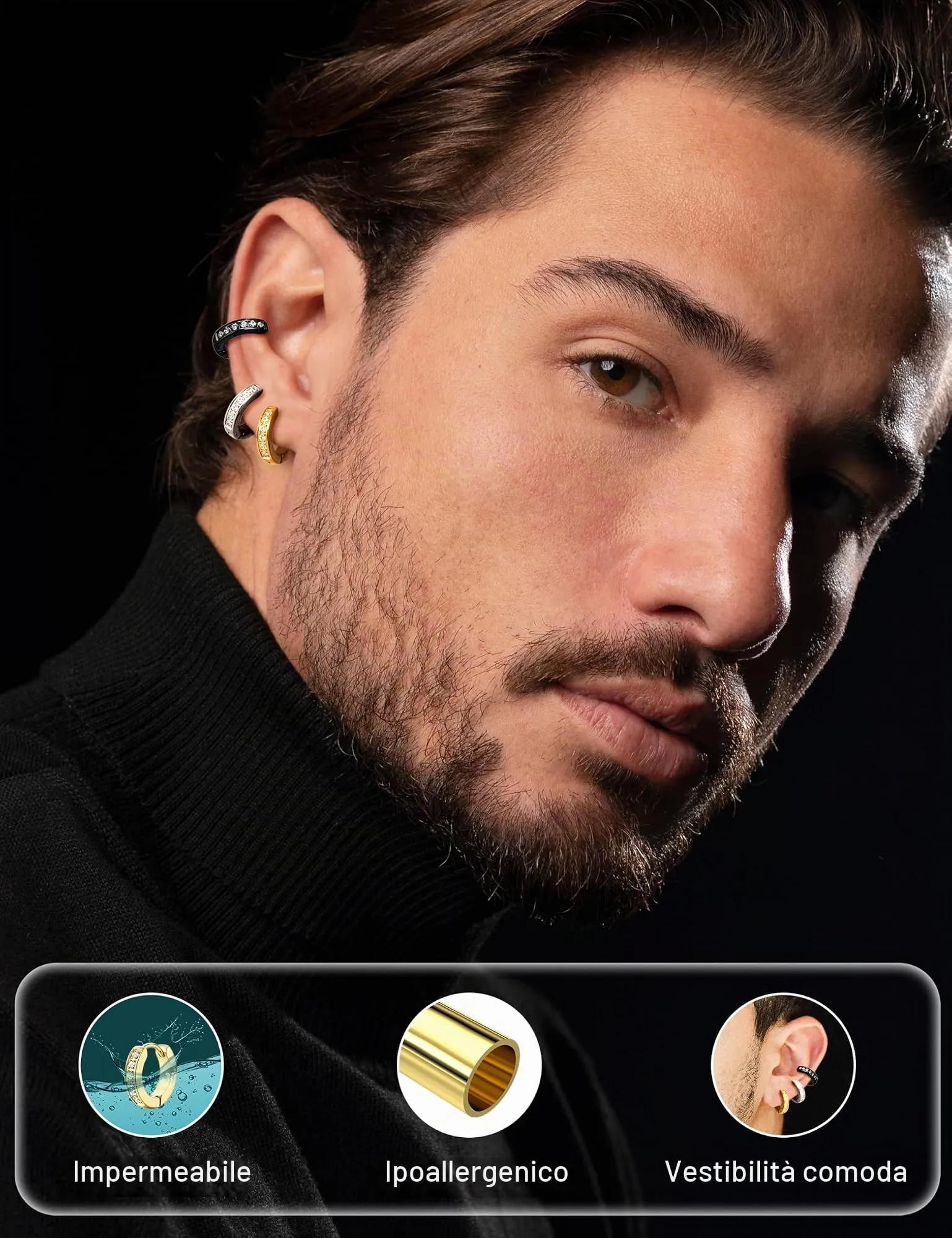 Orecchini Uomo Cerchio Acciaio inossidabile Anallergici - CZ Tono Argentato Nero Orecchini A Cerchio Huggie Trendy Gioielli Di Moda Per Le Uomo Colori Misti 13 mm - immagine 3