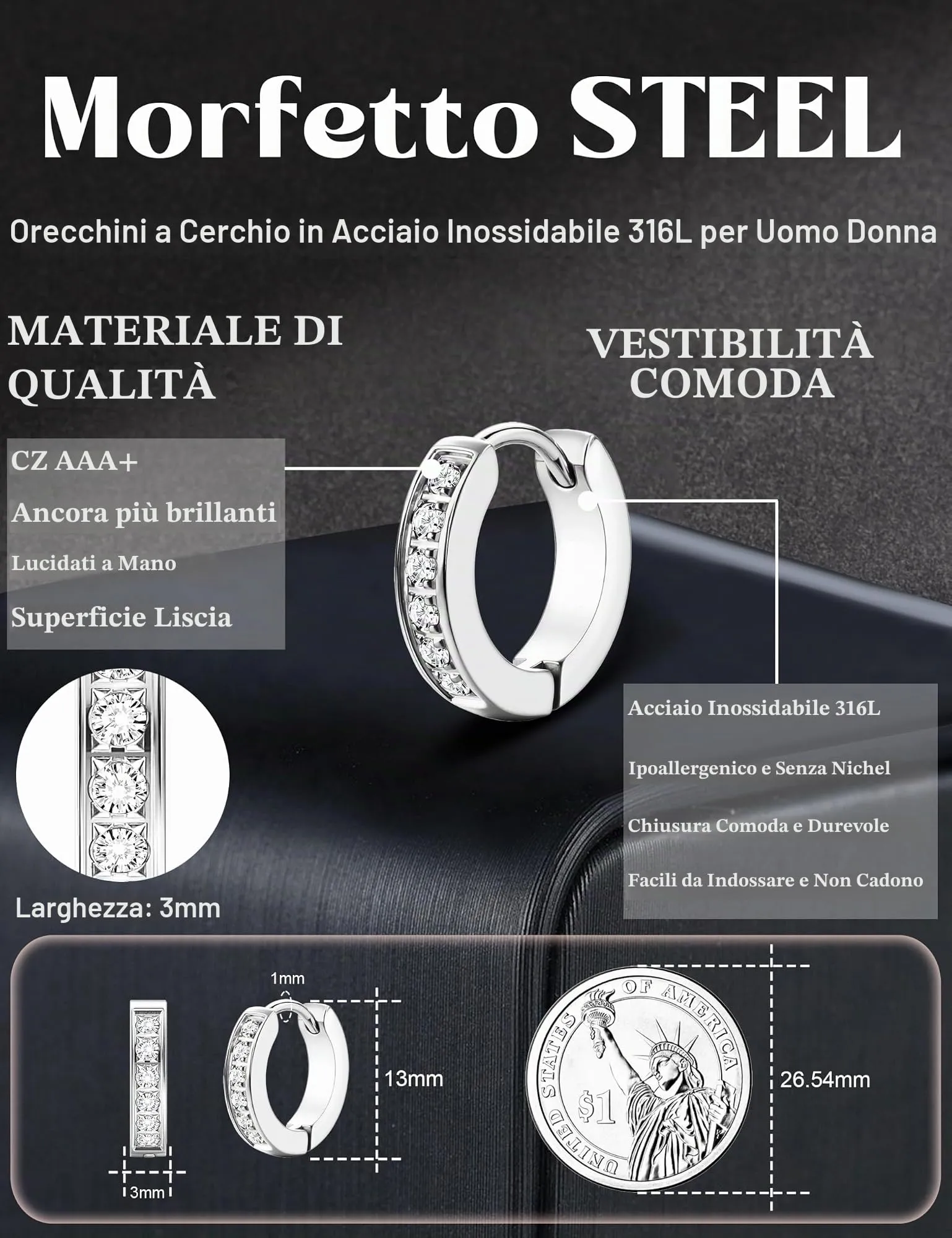 Orecchini Uomo Cerchio Acciaio inossidabile Anallergici - CZ Tono Argentato Nero Orecchini A Cerchio Huggie Trendy Gioielli Di Moda Per Le Uomo Tono Argentato 13 mm - immagine 2