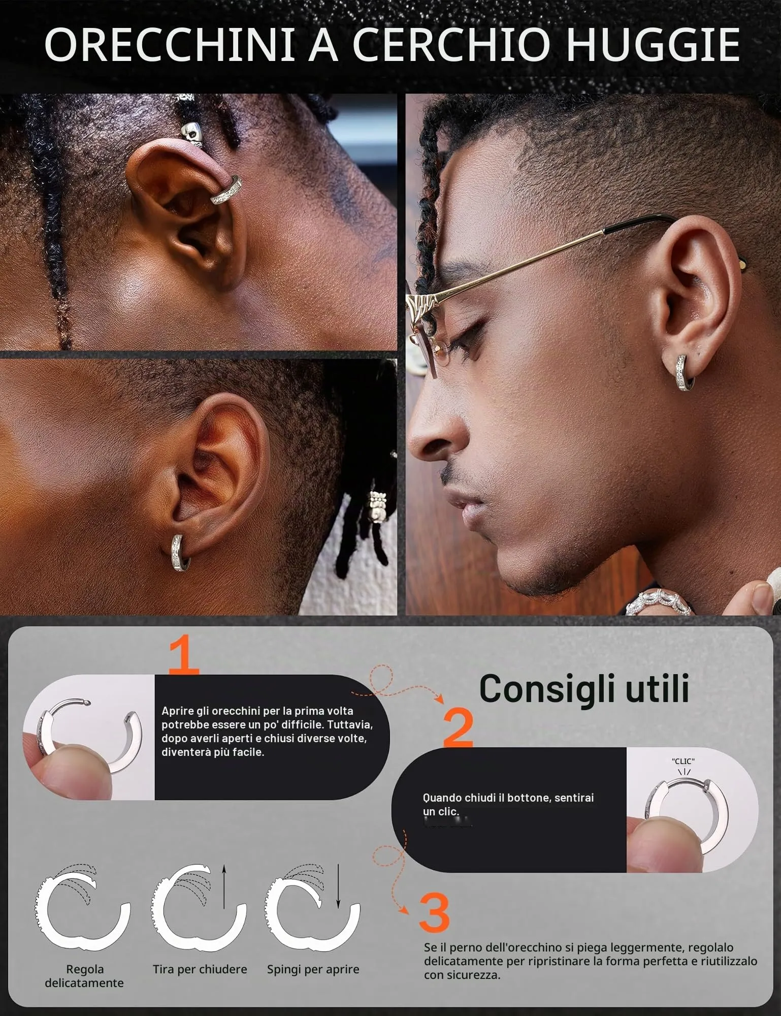 Orecchini Uomo Cerchio Acciaio inossidabile Anallergici - CZ Tono Argentato Nero Orecchini A Cerchio Huggie Trendy Gioielli Di Moda Per Le Uomo Tono Argentato 13 mm - immagine 5