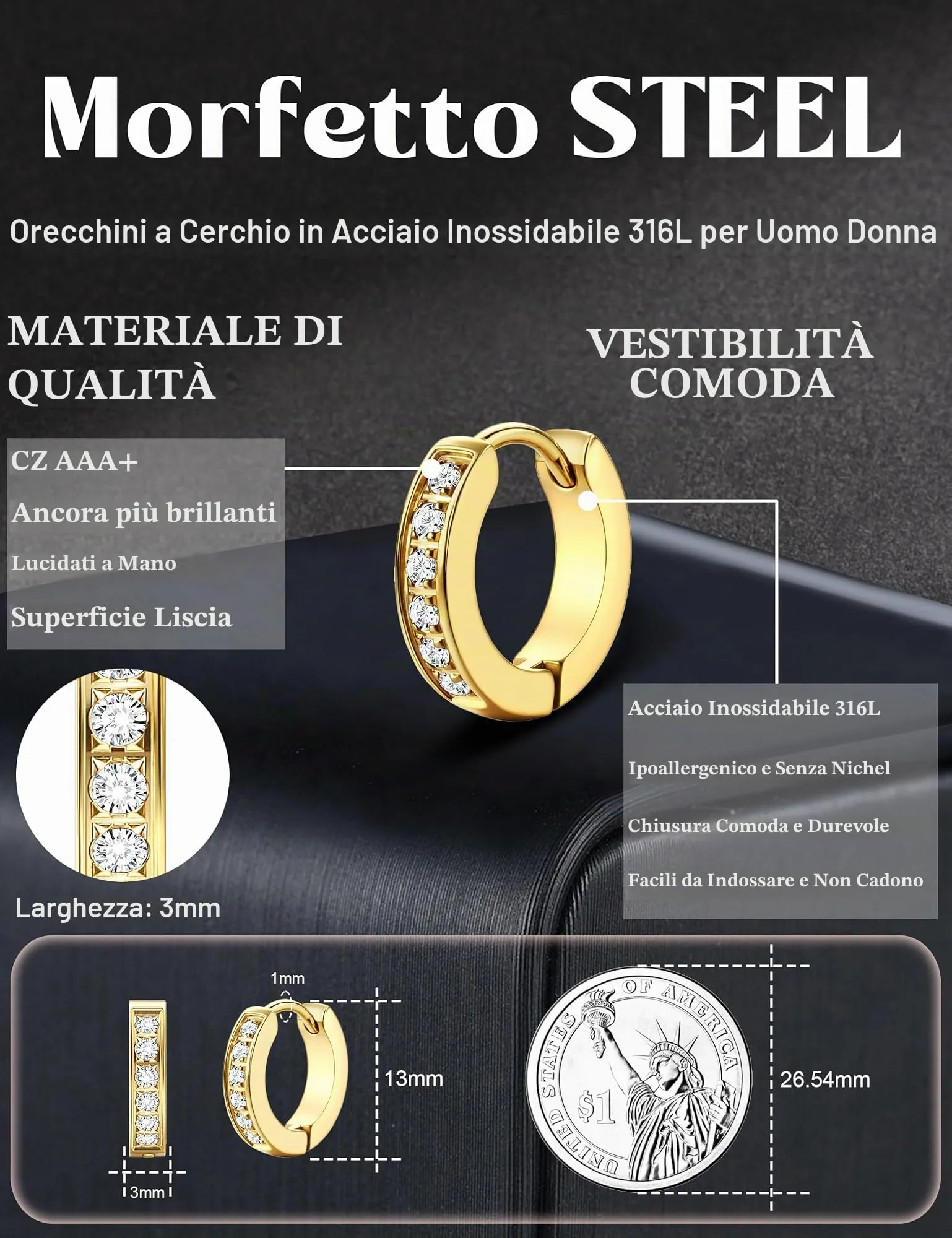 Orecchini Uomo Cerchio Acciaio inossidabile Anallergici - CZ Tono Argentato Nero Orecchini A Cerchio Huggie Trendy Gioielli Di Moda Per Le Uomo 13 mm - immagine 2