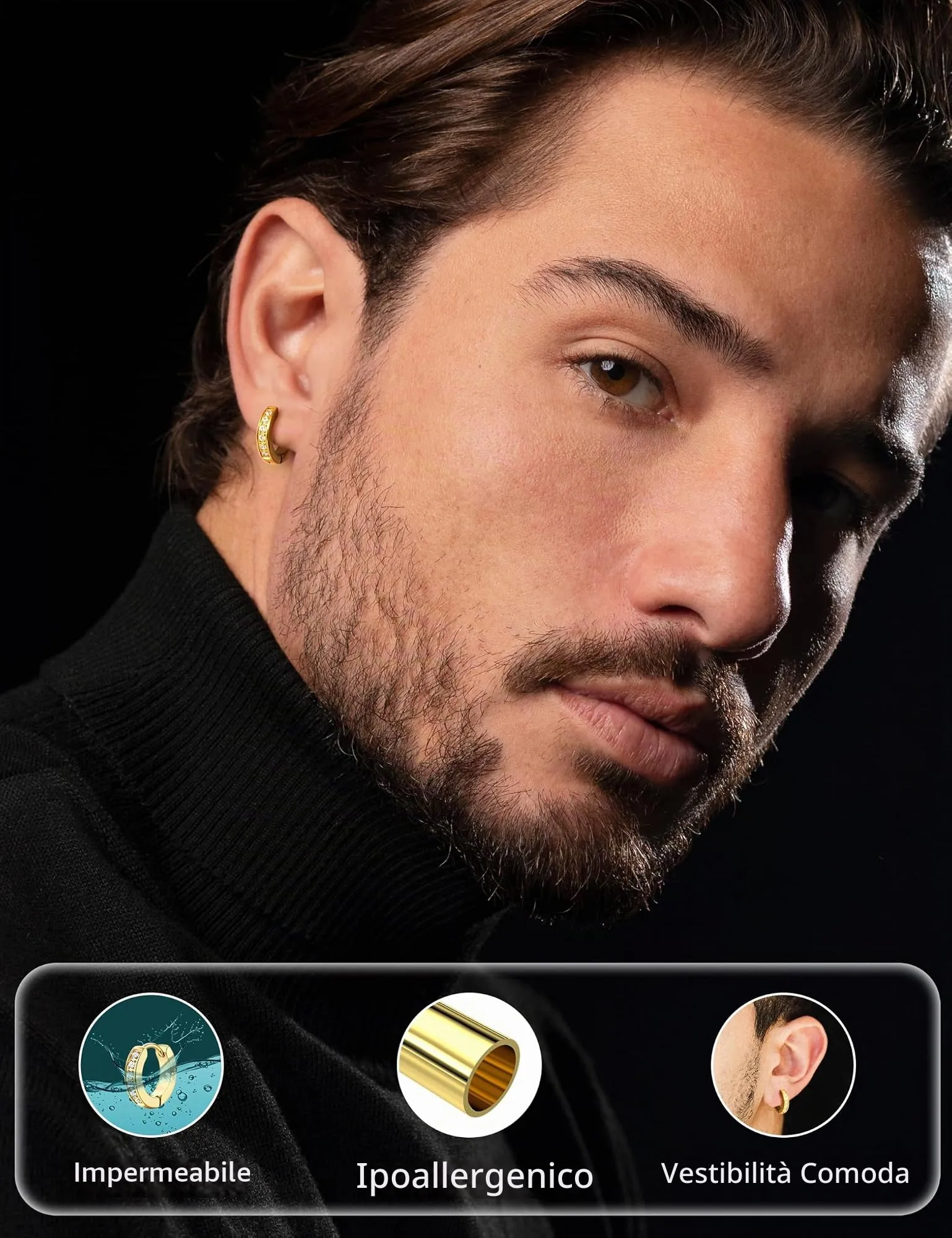 Orecchini Uomo Cerchio Acciaio inossidabile Anallergici - CZ Tono Argentato Nero Orecchini A Cerchio Huggie Trendy Gioielli Di Moda Per Le Uomo 13 mm - immagine 3