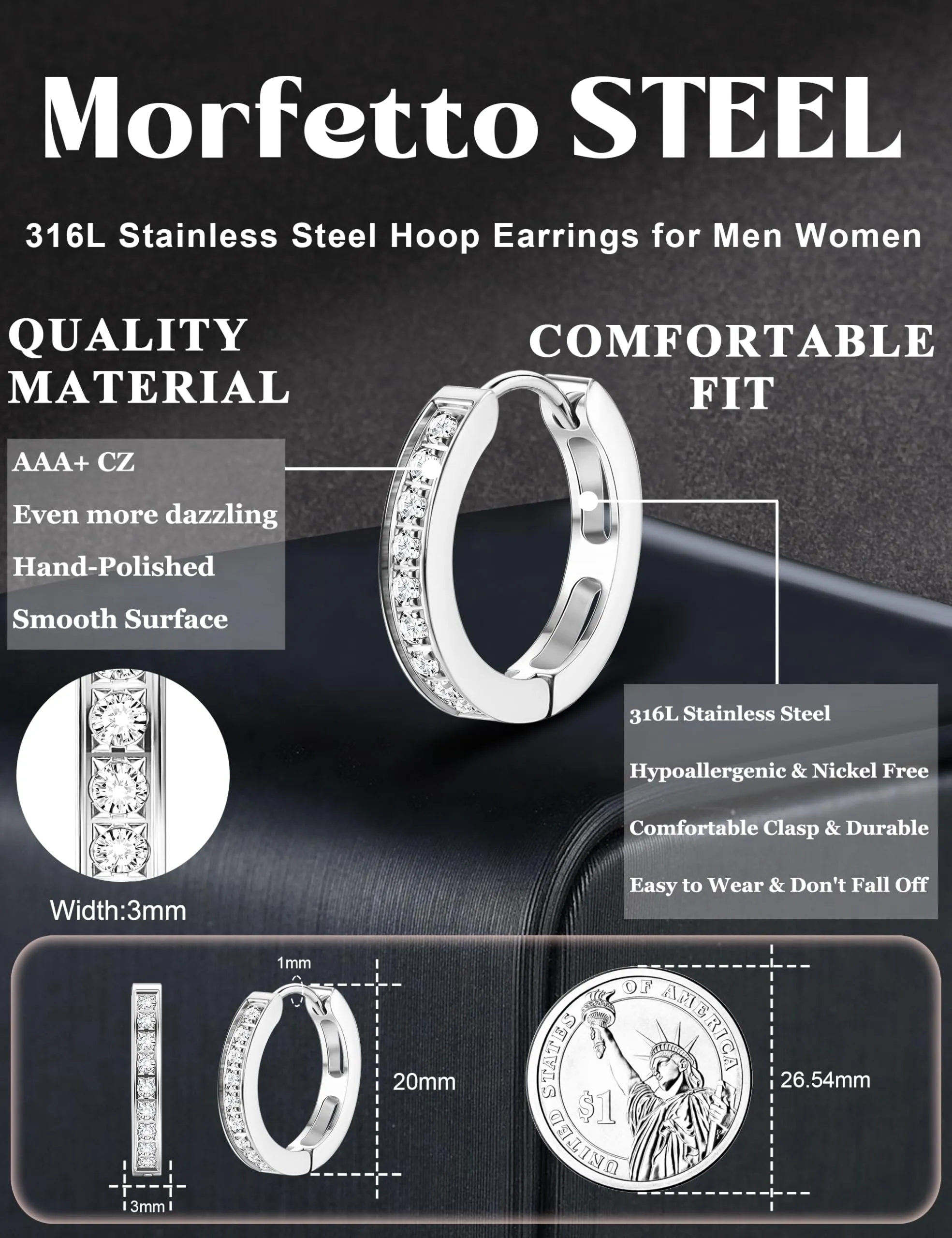 Orecchini Uomo Cerchio Acciaio inossidabile Anallergici - CZ Tono Argentato Nero Orecchini A Cerchio Huggie Trendy Gioielli Di Moda Per Le Uomo Tono Argentato 20 mm - immagine 2