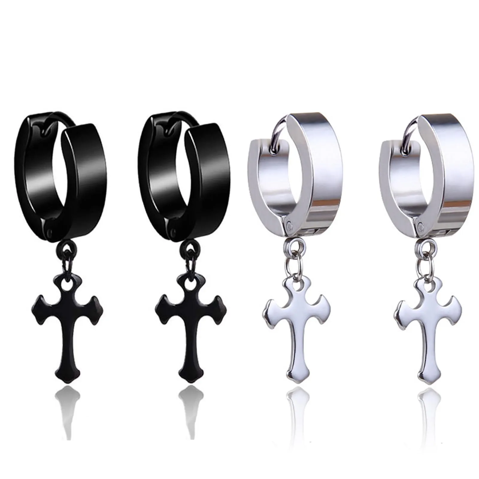 XENQITO 2 Paia di Orecchini Da Uomo In Acciaio Inox, Orecchini A Cerchio, Orecchini Uomo Pendenti, Orecchini Pendenti, Cartilagine, Piercing Per Cartilagine, Per Uomini E Donne (Nero + Argento) - immagine 1