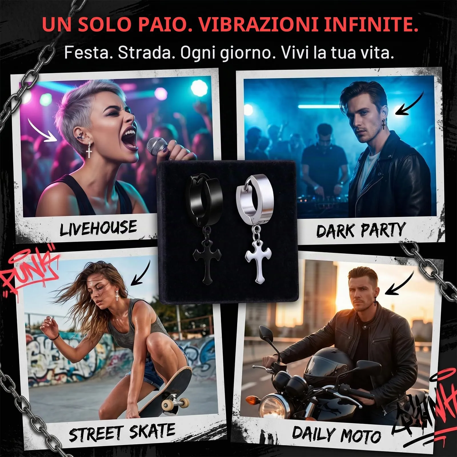 XENQITO 2 Paia di Orecchini Da Uomo In Acciaio Inox, Orecchini A Cerchio, Orecchini Uomo Pendenti, Orecchini Pendenti, Cartilagine, Piercing Per Cartilagine, Per Uomini E Donne (Nero + Argento) - immagine 5