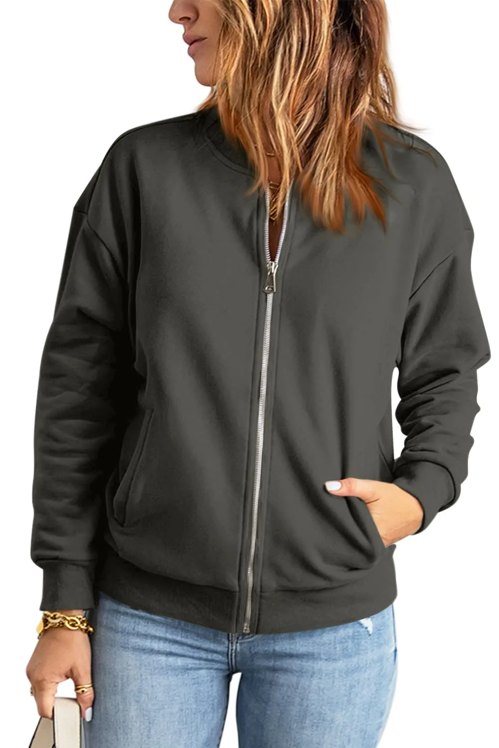 GeGekoko - Felpa da donna oversize, tinta unita, a maniche lunghe, con tasca, vestibilità ampia, grigio scuro, XXL - immagine 3