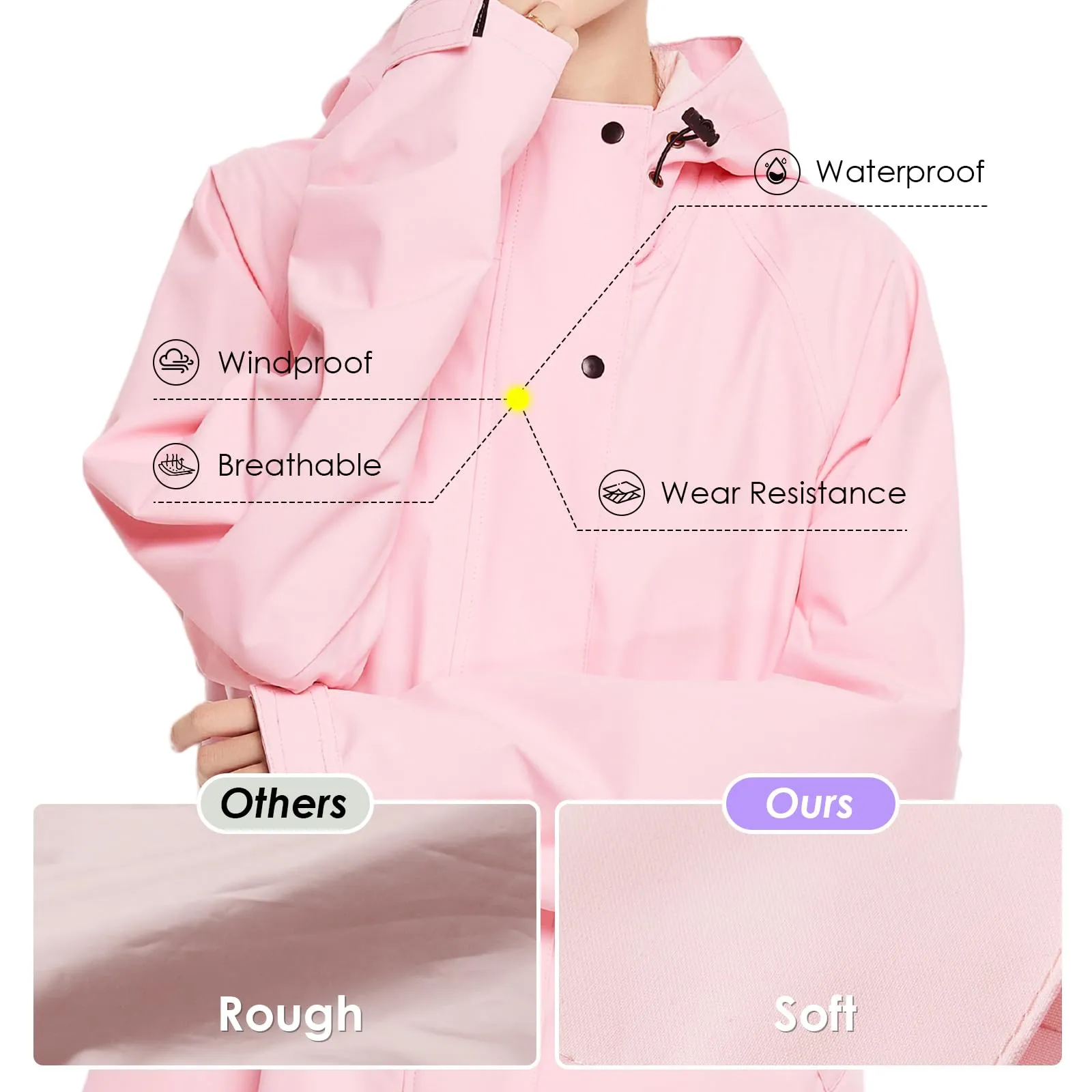 SOPPY Impermeabile da donna, leggero, lungo, impermeabile, giacca a vento, traspirante, per attività all'aperto, rosa, XL - immagine 3