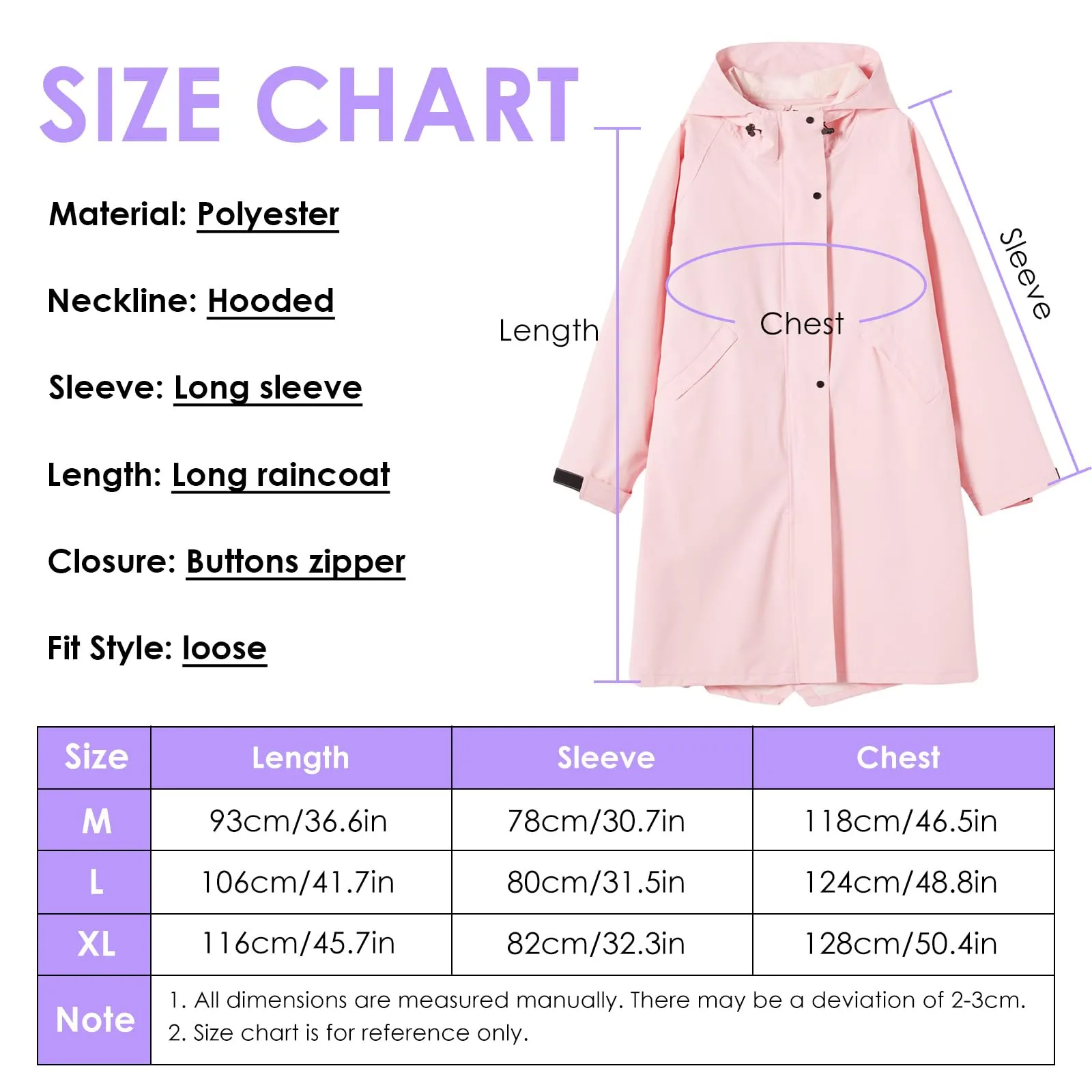 SOPPY Impermeabile da donna, leggero, lungo, impermeabile, giacca a vento, traspirante, per attività all'aperto, rosa, XL - immagine 6