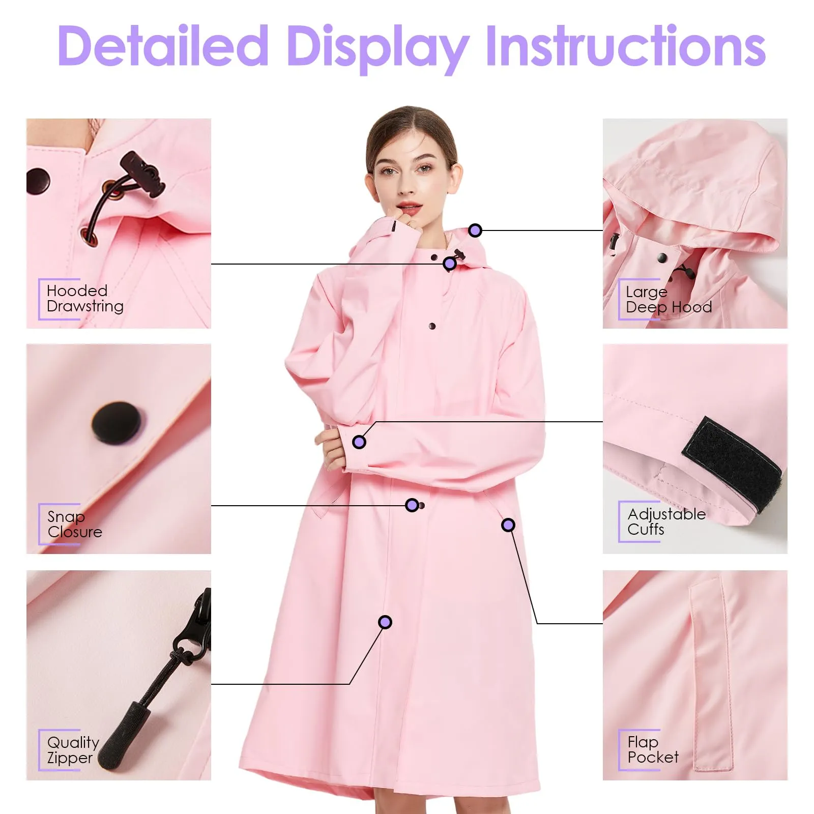 SOPPY Impermeabile da donna, leggero, lungo, impermeabile, giacca a vento, traspirante, per attività all'aperto, rosa, XL - immagine 7