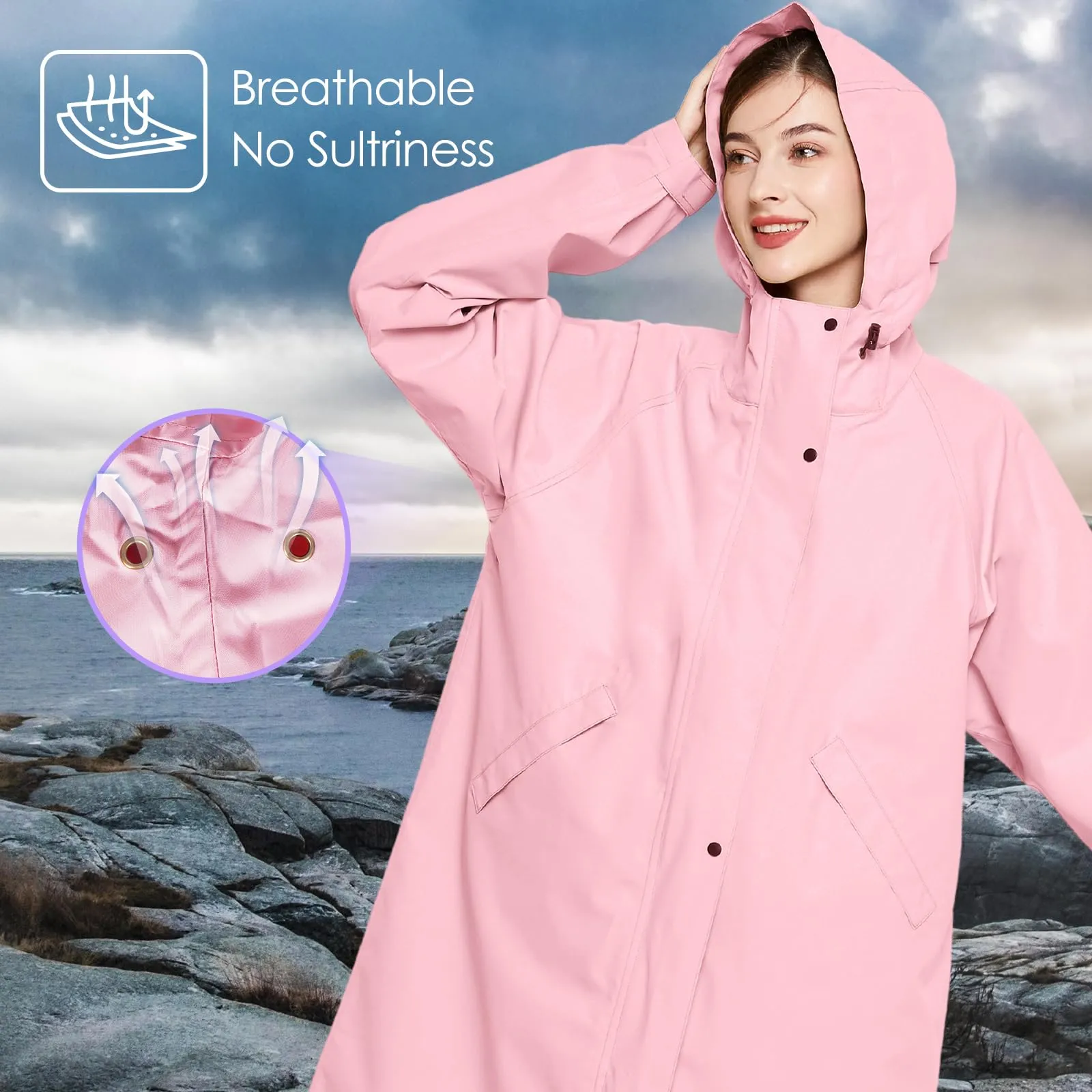 SOPPY Impermeabile da donna, leggero, lungo, impermeabile, giacca a vento, traspirante, per attività all'aperto, rosa, XL - immagine 8