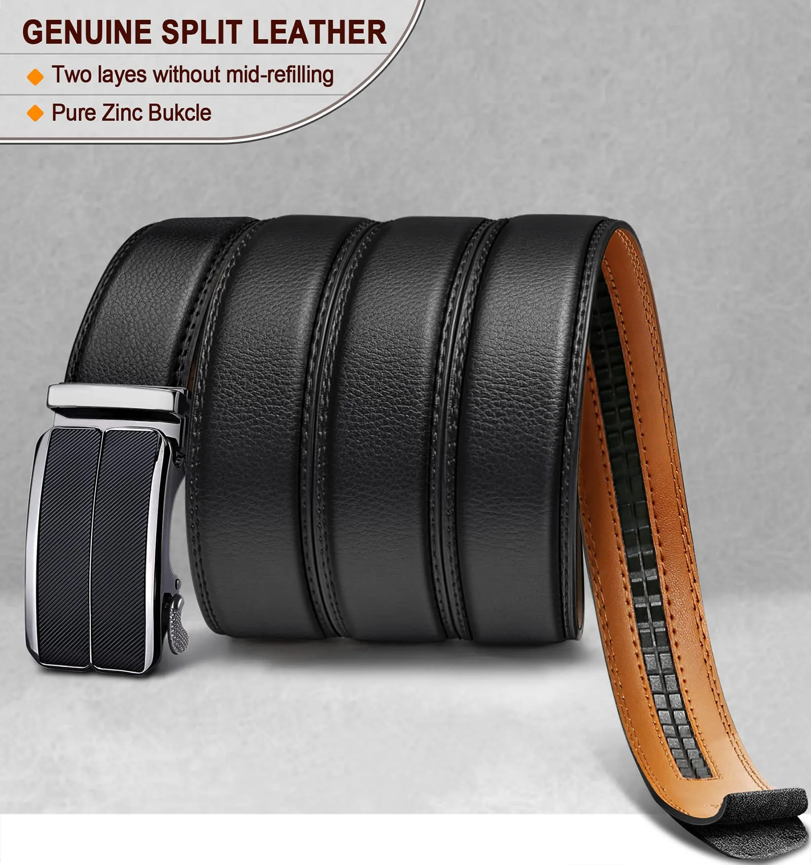 Cintura Uomo,BULLIANT Cintura Pelle Uomo Cricchetto Automatica Fibbia 35mm,Trim Regolabile per Adattars,Nero1,105cm/28-34vita regolabile - immagine 3