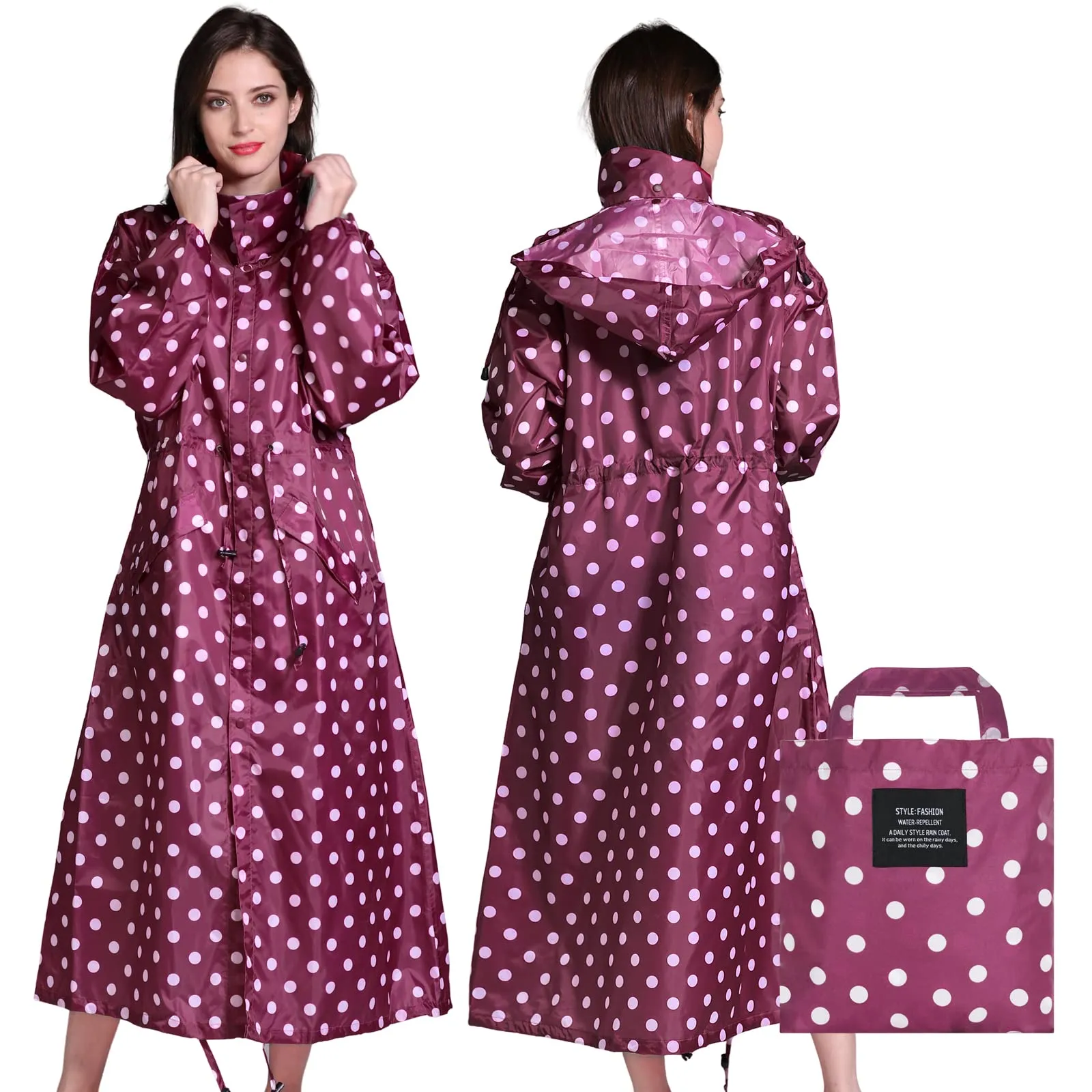 SOPPY Cappotti impermeabili da donna, lunghi e impermeabili, antivento, leggeri, ad asciugatura rapida, con cappuccio, taglia unica, Pois rossi., XL - immagine 1