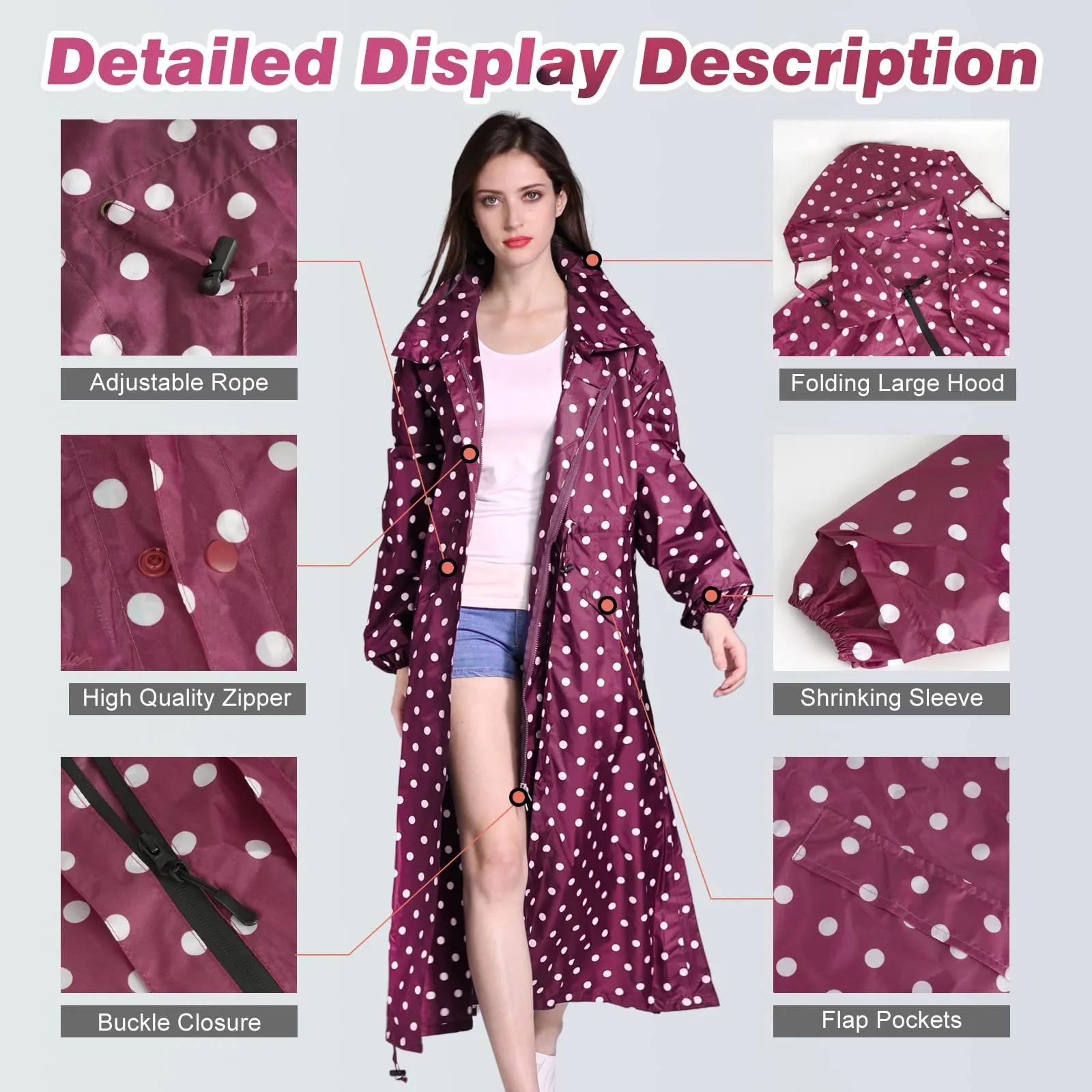 SOPPY Cappotti impermeabili da donna, lunghi e impermeabili, antivento, leggeri, ad asciugatura rapida, con cappuccio, taglia unica, Pois rossi., XL - immagine 5