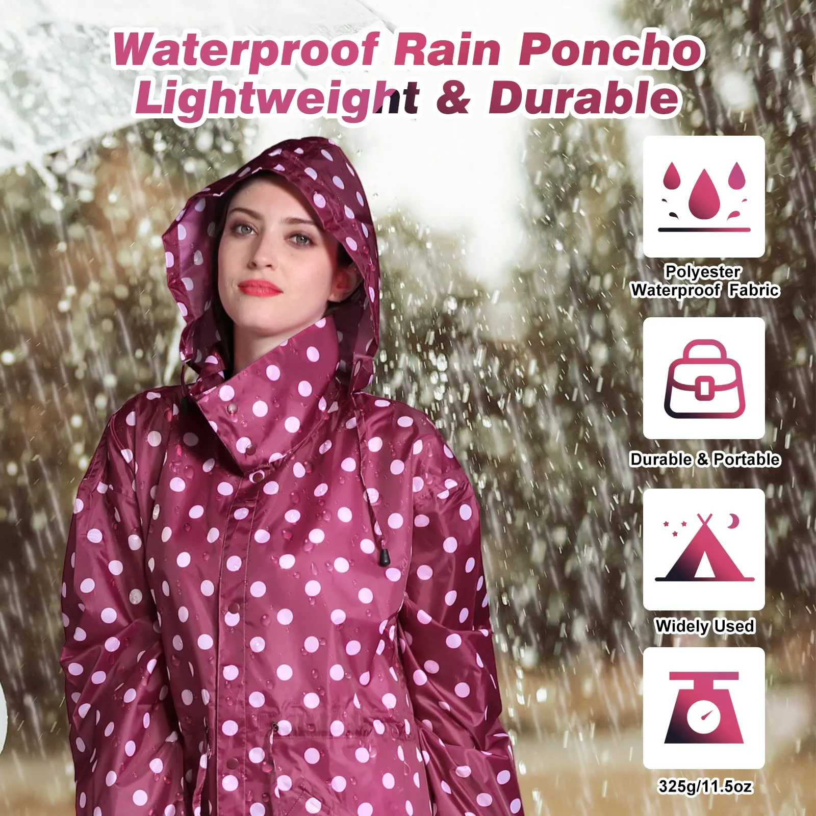 SOPPY Cappotti impermeabili da donna, lunghi e impermeabili, antivento, leggeri, ad asciugatura rapida, con cappuccio, taglia unica, Pois rossi., XL - immagine 6