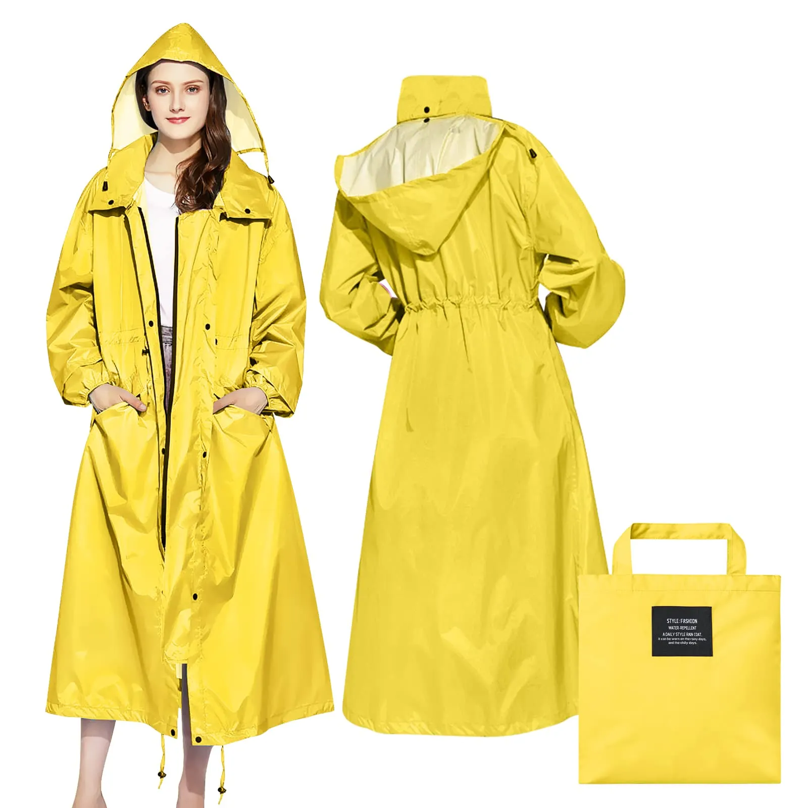 SOPPY Cappotti impermeabili da donna, lunghi e impermeabili, antivento, leggeri, ad asciugatura rapida, con cappuccio, taglia unica, Giallo, XXL - immagine 1