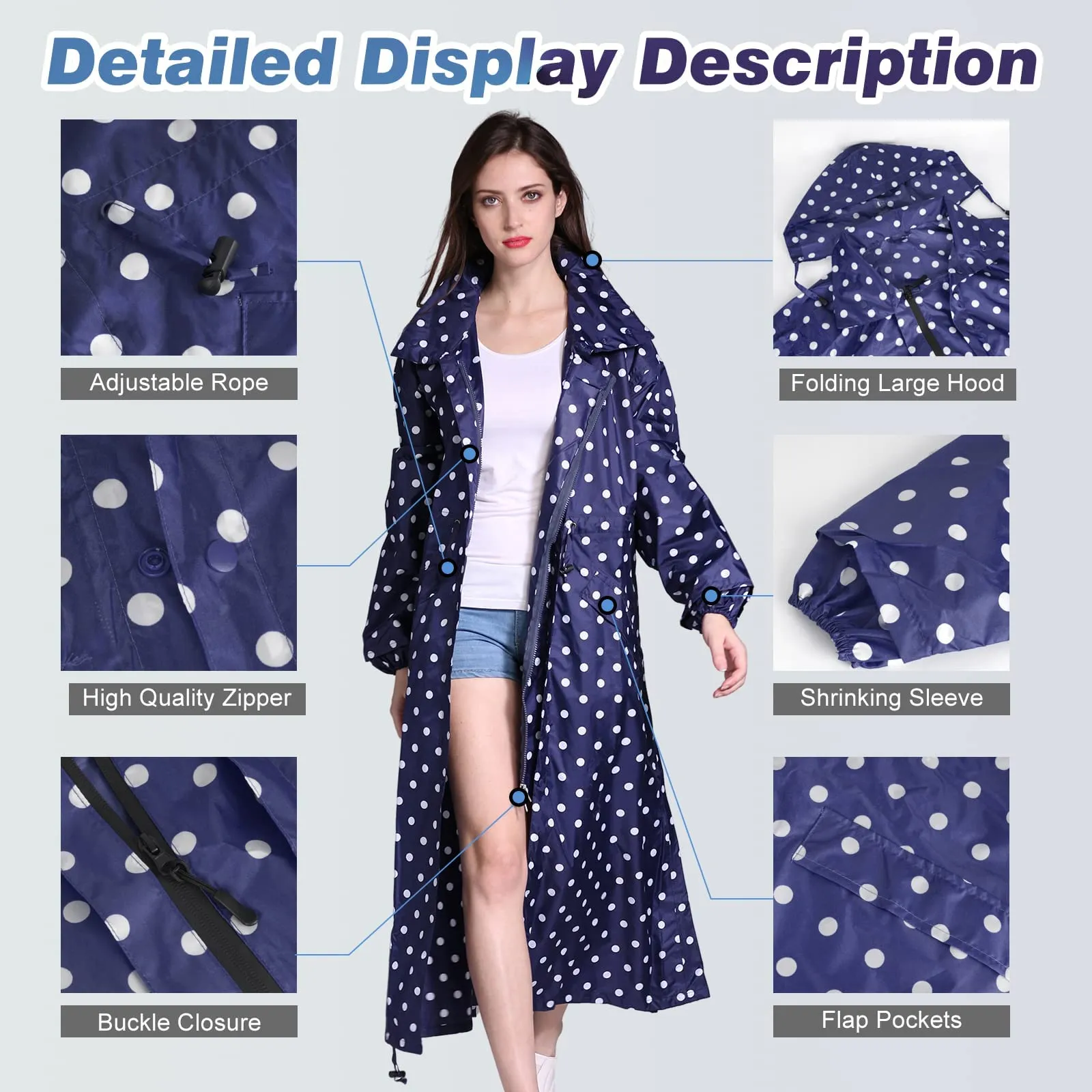 SOPPY Cappotti impermeabili da donna, lunghi e impermeabili, antivento, leggeri, ad asciugatura rapida, con cappuccio, taglia unica, Pois blu., XXL - immagine 4