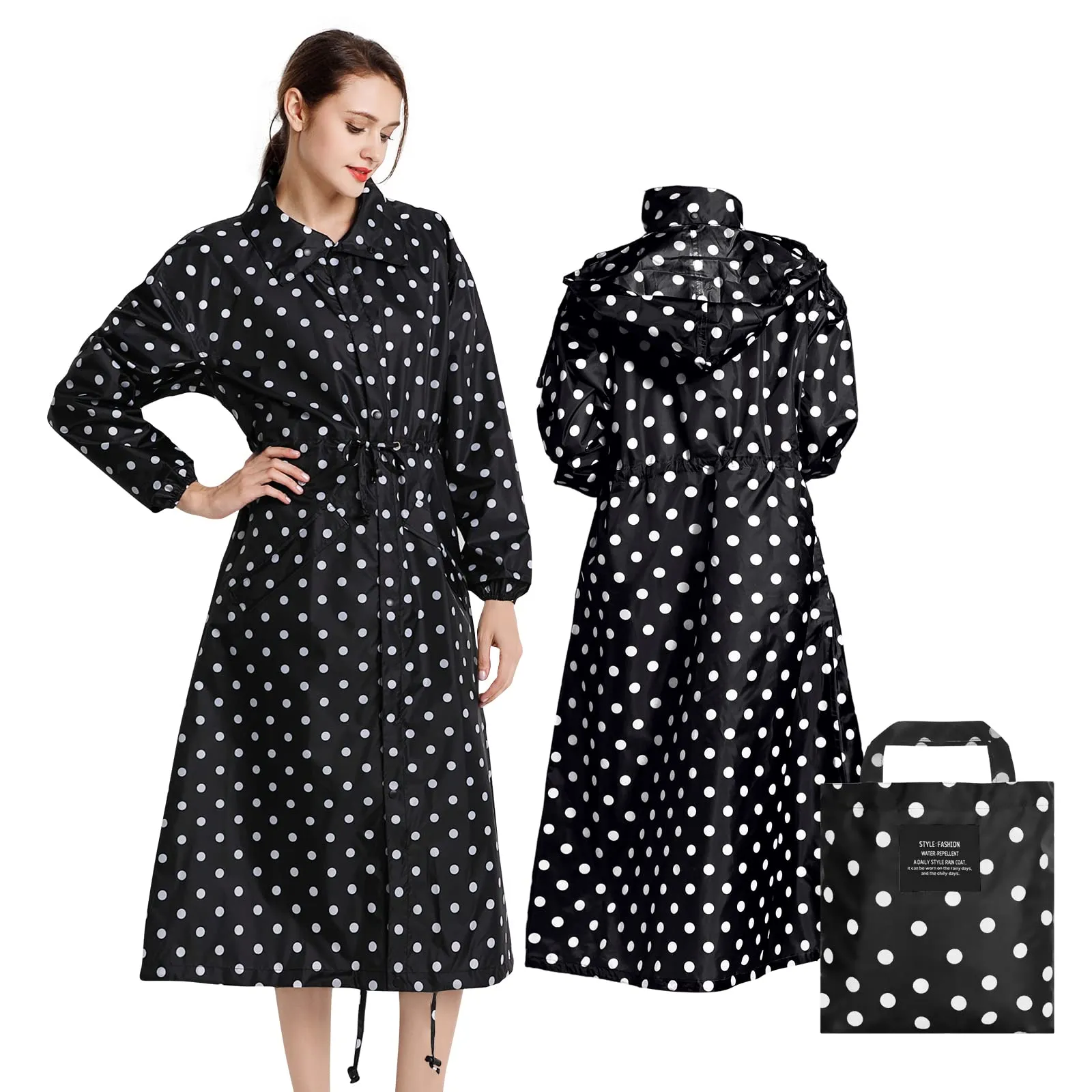 SOPPY Cappotti impermeabili da donna, lunghi e impermeabili, antivento, leggeri, ad asciugatura rapida, con cappuccio, taglia unica, Pois neri., L - immagine 1