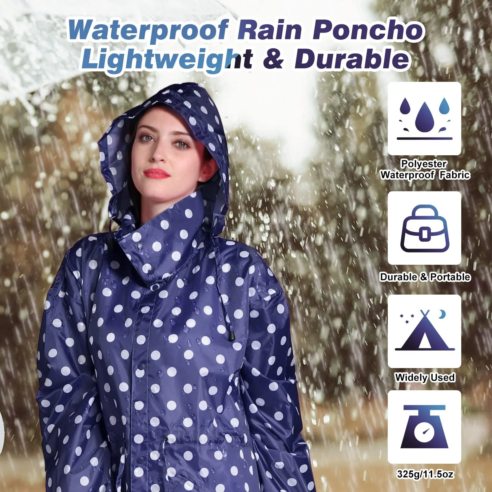 SOPPY Cappotti impermeabili da donna, lunghi e impermeabili, antivento, leggeri, ad asciugatura rapida, con cappuccio, taglia unica, Pois blu., L - immagine 3