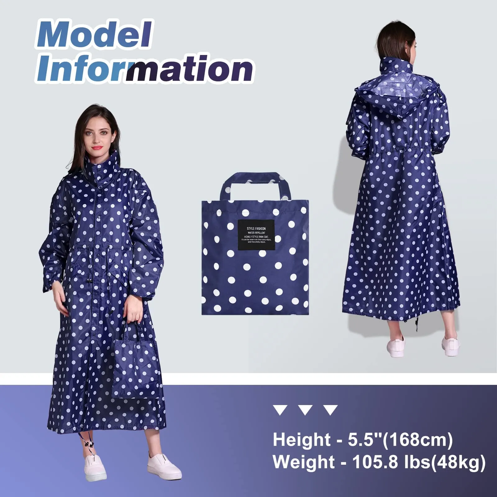 SOPPY Cappotti impermeabili da donna, lunghi e impermeabili, antivento, leggeri, ad asciugatura rapida, con cappuccio, taglia unica, Pois blu., L - immagine 7