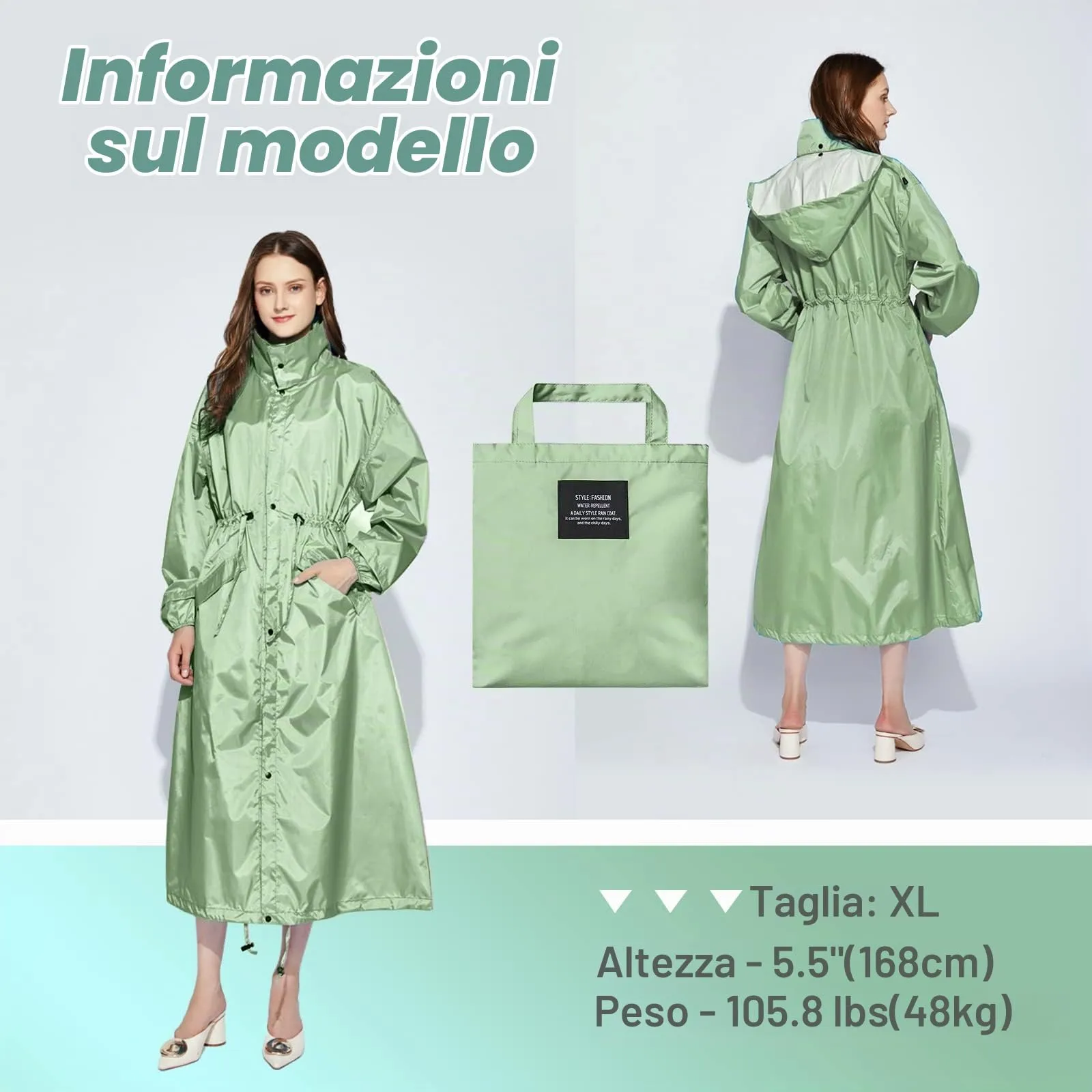 SOPPY Cappotti impermeabili da donna, lunghi e impermeabili, antivento, leggeri, ad asciugatura rapida, con cappuccio, taglia unica, Verde senape., L - immagine 4
