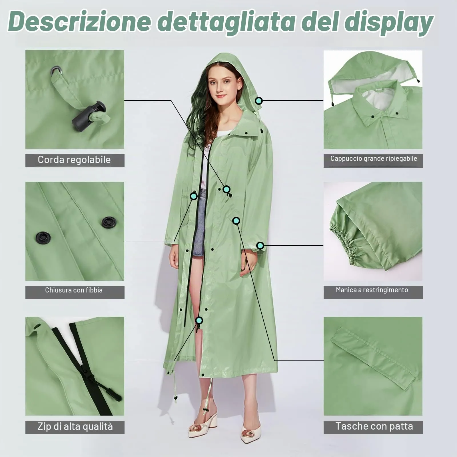 SOPPY Cappotti impermeabili da donna, lunghi e impermeabili, antivento, leggeri, ad asciugatura rapida, con cappuccio, taglia unica, Verde senape., L - immagine 6
