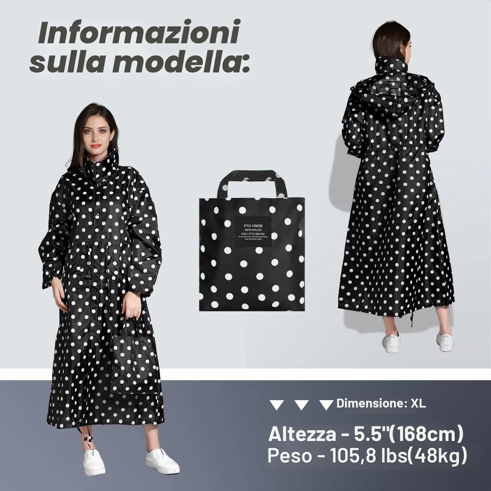 SOPPY Cappotti impermeabili da donna, lunghi e impermeabili, antivento, leggeri, ad asciugatura rapida, con cappuccio, taglia unica, Pois neri., XXL - immagine 4