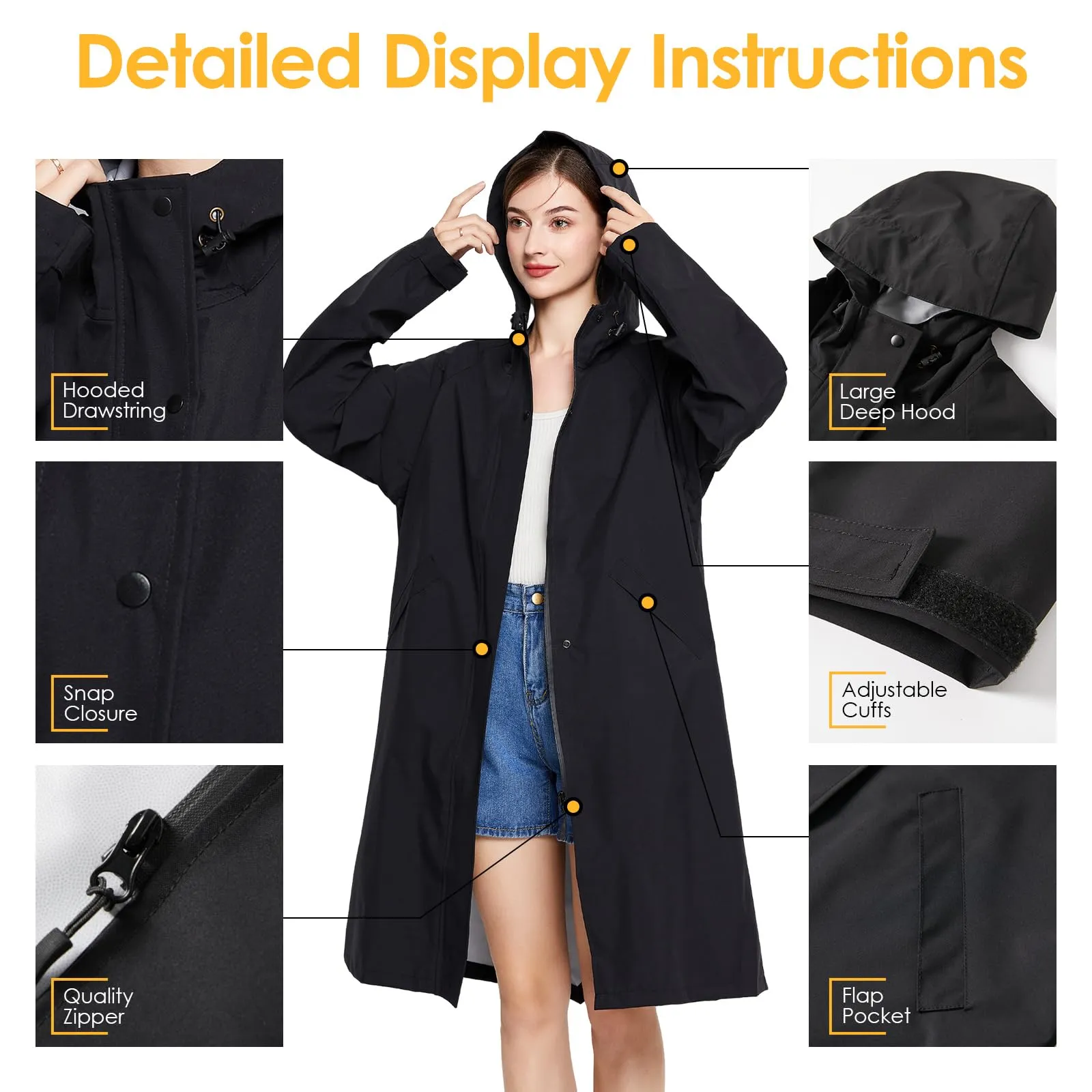 SOPPY Impermeabile da Donna, Giacca Lunga Impermeabile Leggera per Signore, nero, X-Large - immagine 6
