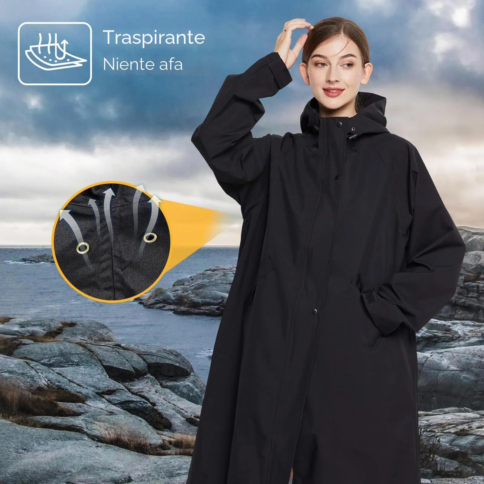SOPPY Impermeabile da Donna, Giacca Lunga Impermeabile Leggera per Signore, nero, X-Large - immagine 7