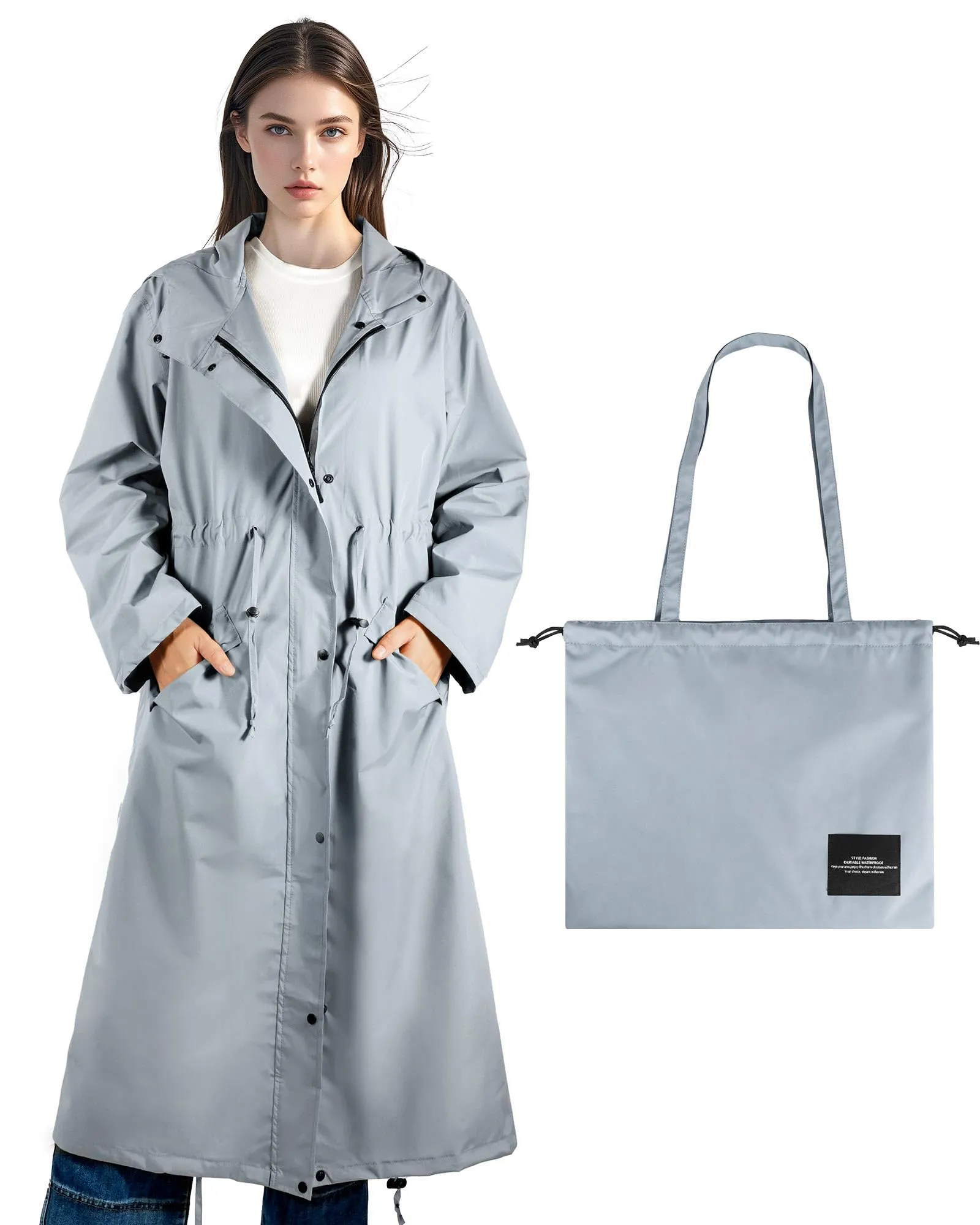 Soppy - Impermeabile da donna, leggero, lungo, con cappuccio, antipioggia, giacche da pioggia, antivento, traspirante, attivo, per attività all'aperto, Grigio, L - immagine 1