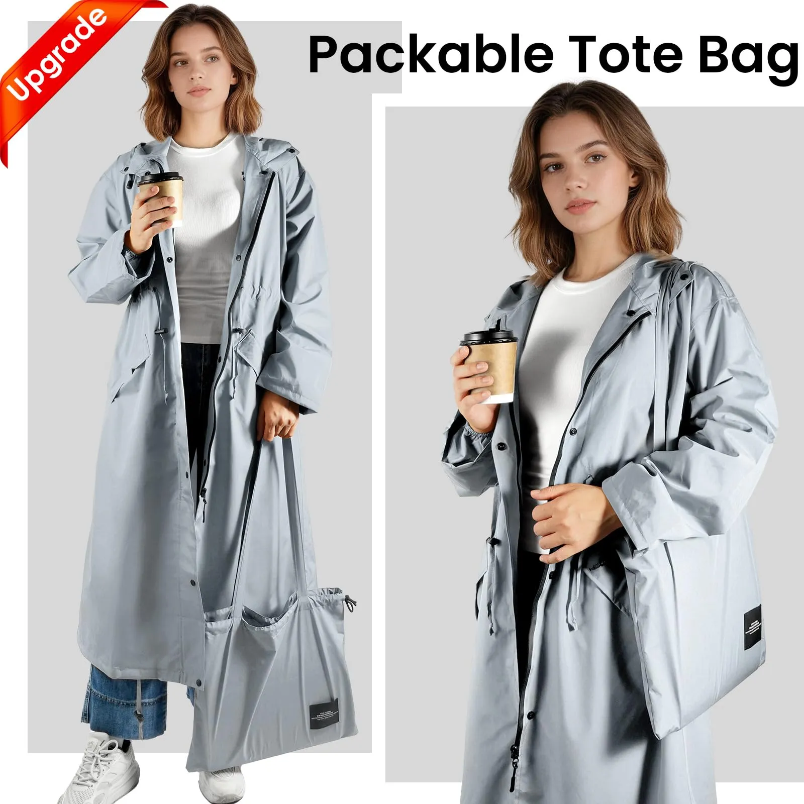 Soppy - Impermeabile da donna, leggero, lungo, con cappuccio, antipioggia, giacche da pioggia, antivento, traspirante, attivo, per attività all'aperto, Grigio, L - immagine 6