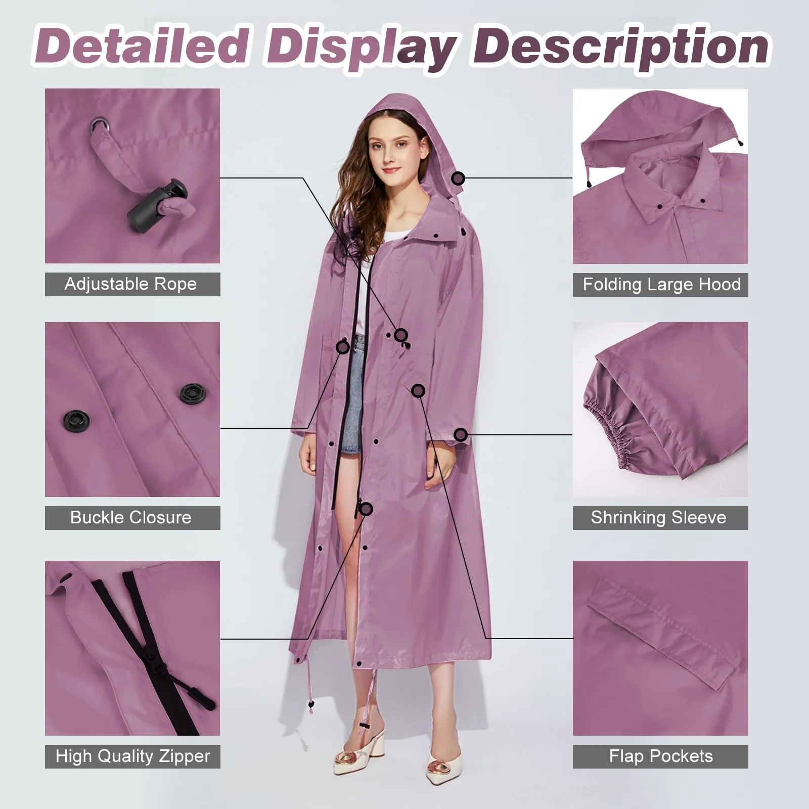 SOPPY Cappotto impermeabile da donna, lungo, impermeabile, antivento, leggero, ad asciugatura rapida, giacca lunga con cappuccio, taglia unica, Rosa, L - immagine 5