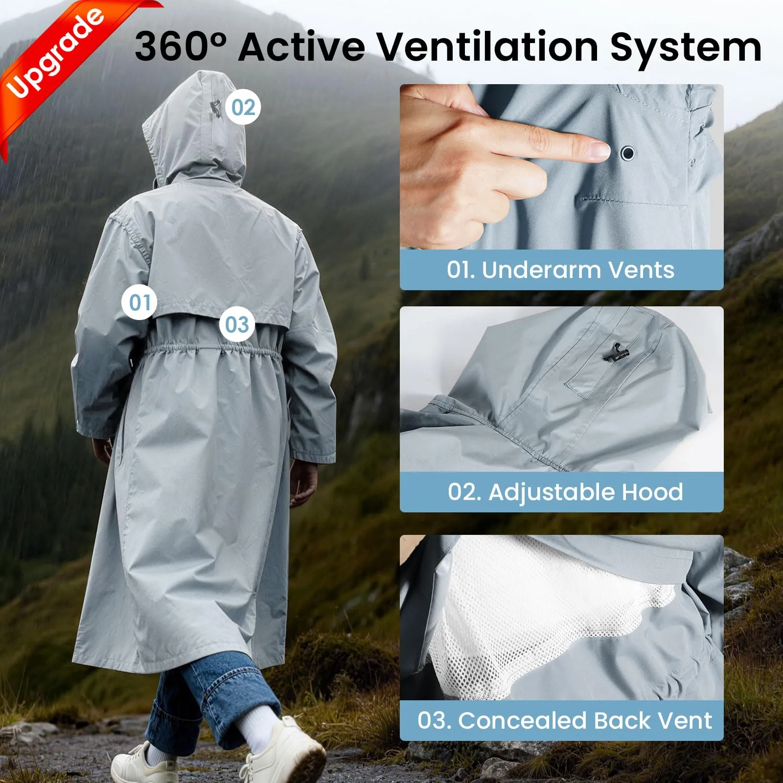 SOPPY Impermeabile da Donna, Giacca Lunga Impermeabile Leggera per Signore, Grigio, X-Large - immagine 8