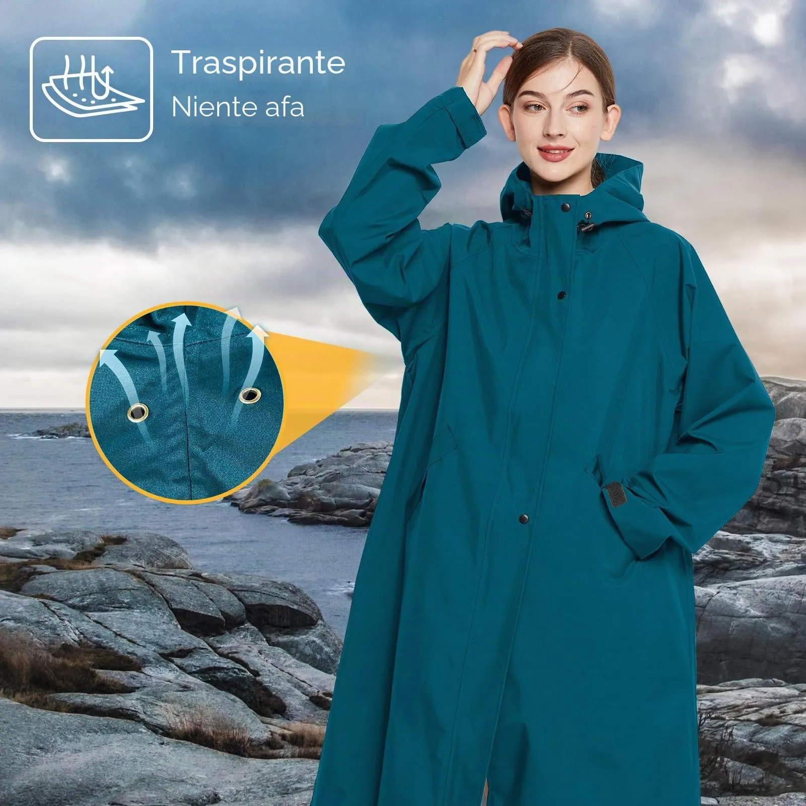 Soppy - Impermeabile da donna, leggero, giacche lunghe, impermeabile, giacche antipioggia, vento, traspirante, per attività all'aperto, Blu mare, M - immagine 7