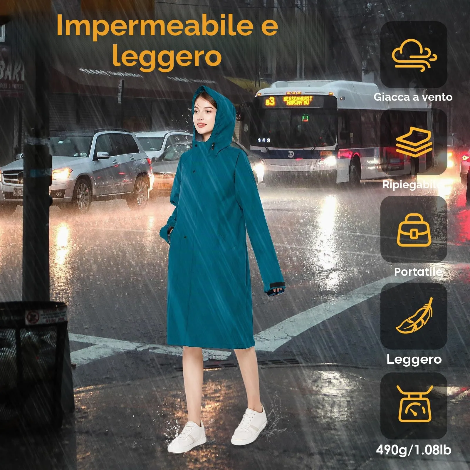 Soppy - Impermeabile da donna, leggero, giacche lunghe, impermeabile, giacche antipioggia, vento, traspirante, per attività all'aperto, Blu mare, L - immagine 4
