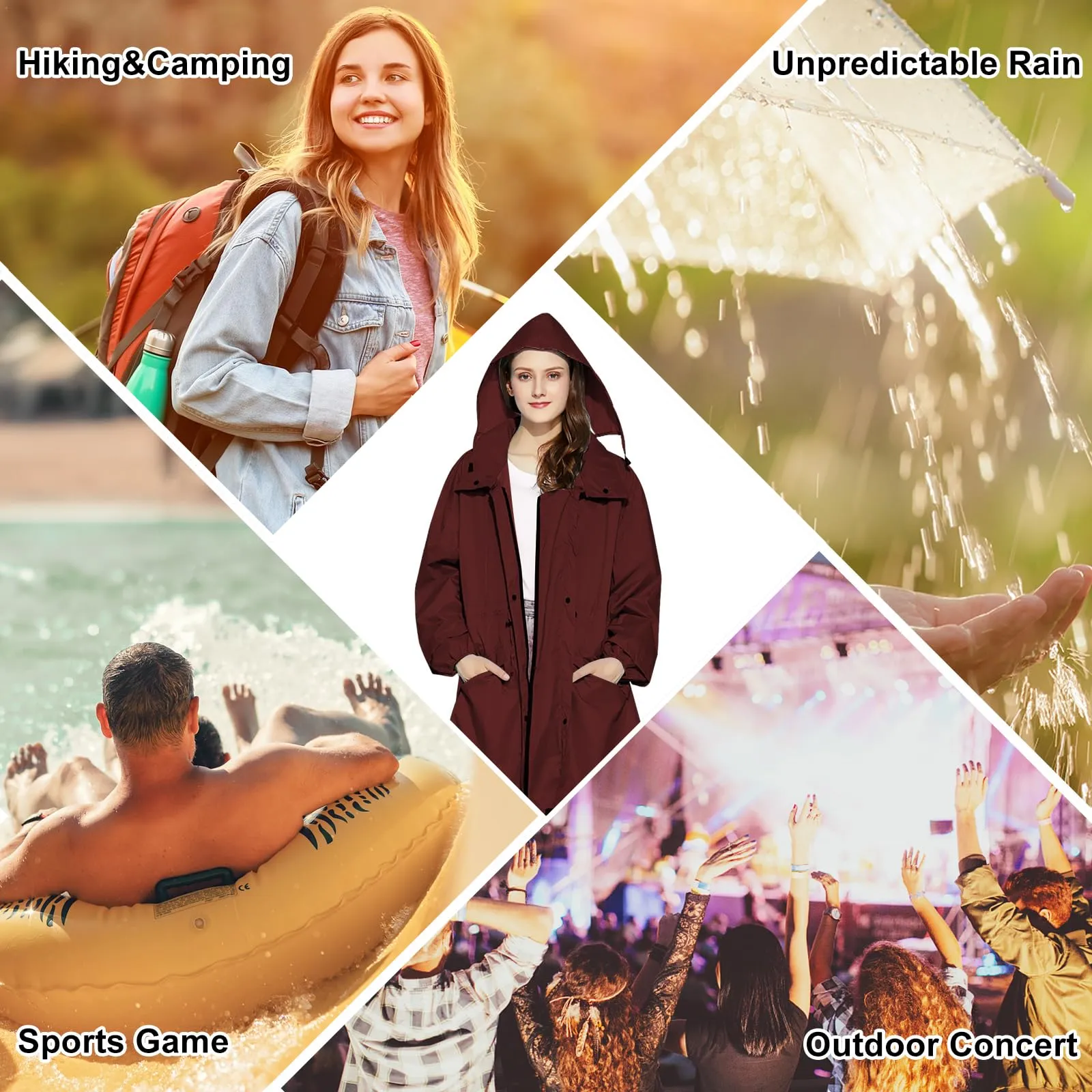 SOPPY Cappotti impermeabili da donna, lunghi e impermeabili, antivento, leggeri, ad asciugatura rapida, con cappuccio, taglia unica, Rosso, L - immagine 2