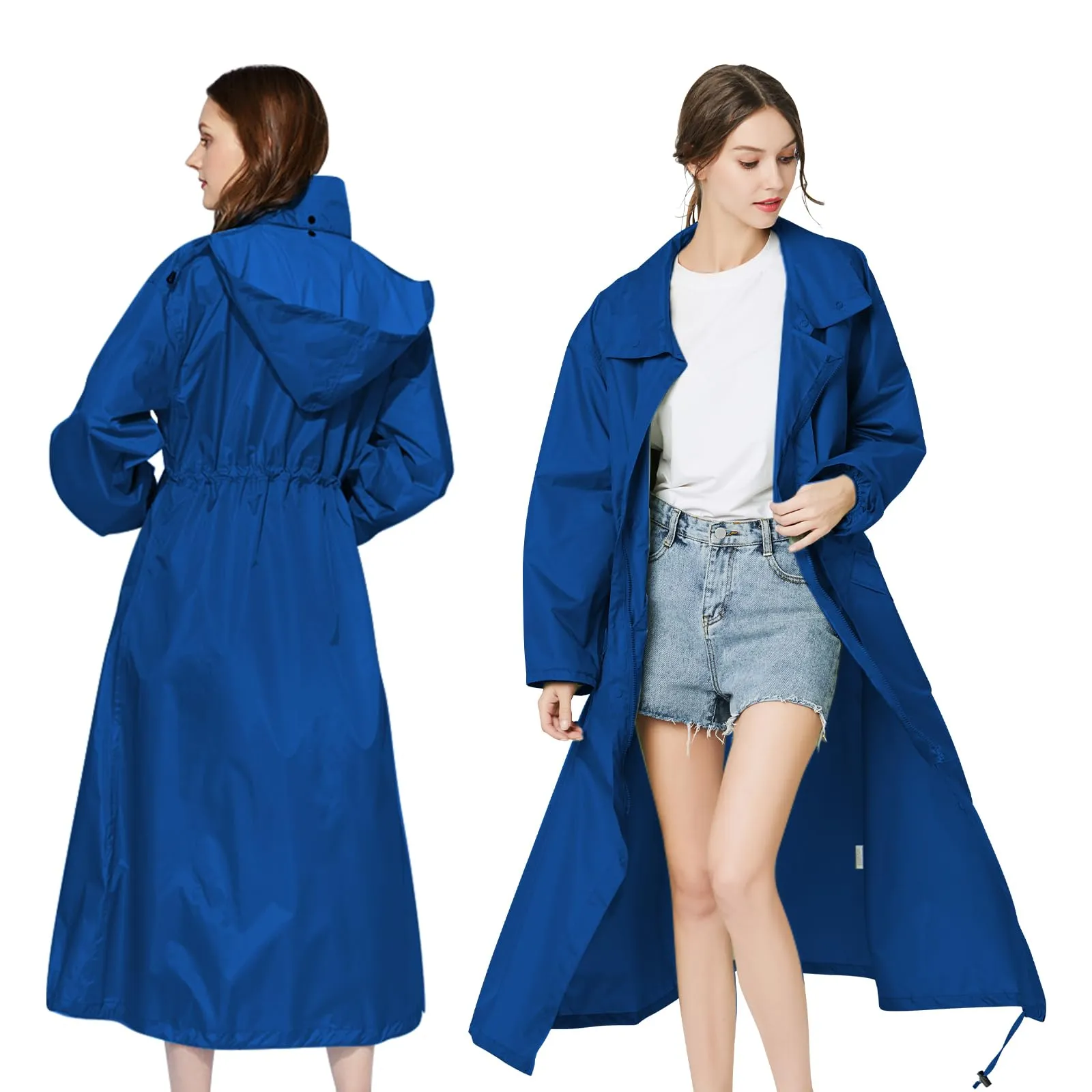 SOPPY - Giacca impermeabile lunga da donna, impermeabile, leggera, con cappuccio, per escursioni, viaggi all'aria aperta di ultima generazione, blu reale, XL - immagine 1