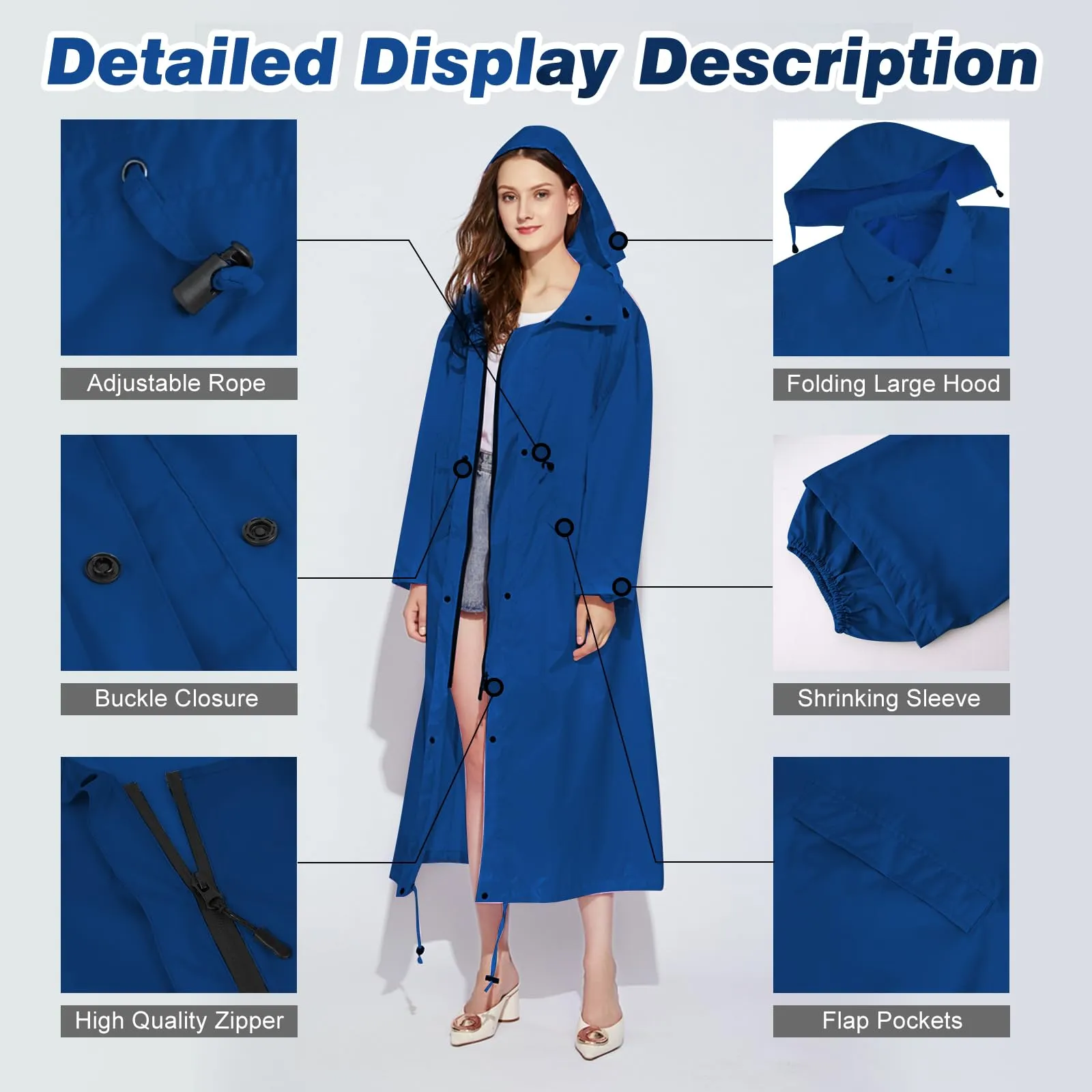 SOPPY - Giacca impermeabile lunga da donna, impermeabile, leggera, con cappuccio, per escursioni, viaggi all'aria aperta di ultima generazione, blu reale, XL - immagine 4