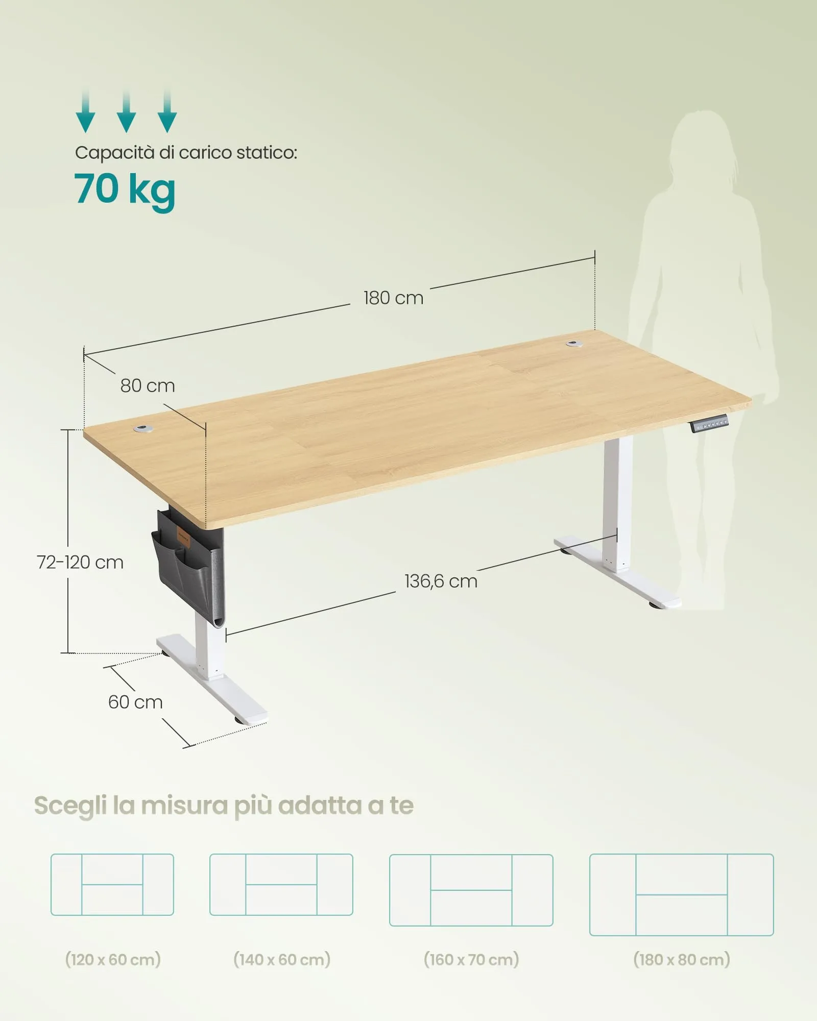 SONGMICS Scrivania Elettrica Regolabile in Altezza, 80 x 180 x (72-120) cm - immagine 7