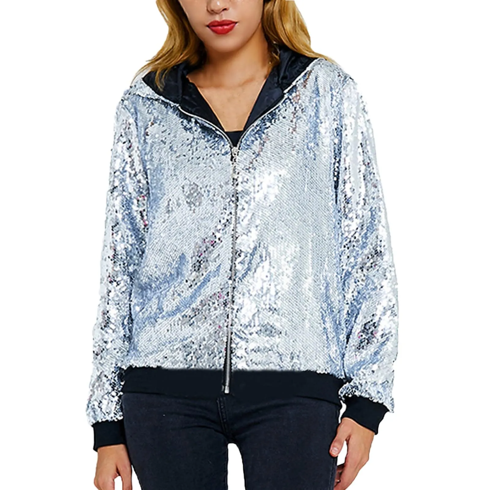 Duohropke Giacca glitterata da donna con cappuccio, con paillette, cardigan, felpa con cappuccio, con cerniera, giacca con cappuccio punk, giacca con cappuccio Rave Party Outwear leggera, lucida, per - immagine 4