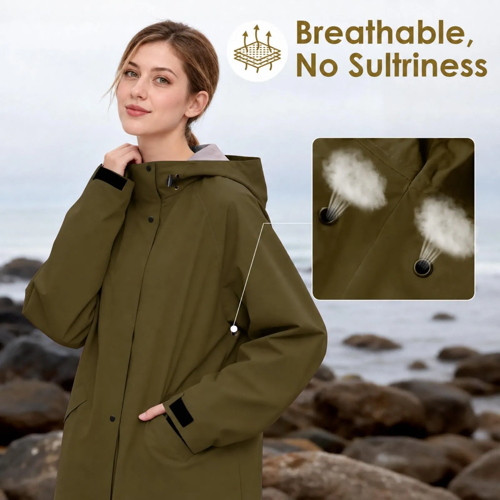 SOPPY Impermeabile da donna, leggero, lungo, impermeabile, giacca a vento, traspirante, per attività all'aperto, Marrone, XL - immagine 8