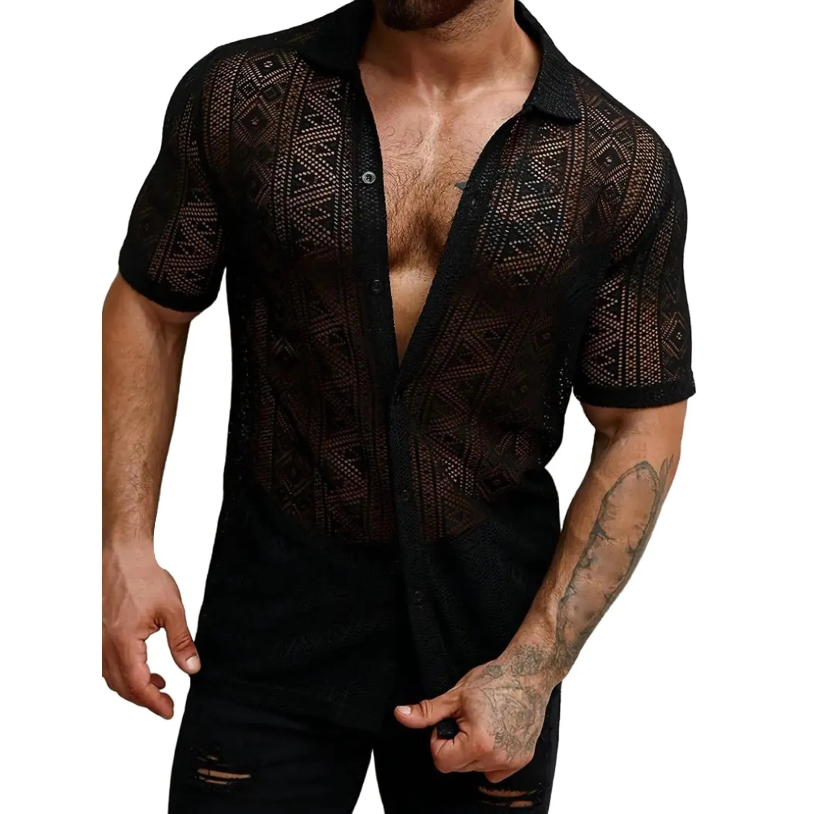 Duohropke Camicia a maniche lunghe da uomo, trasparente, in rete, con bottoni, sexy, erotica, 02 nero, L - immagine 3