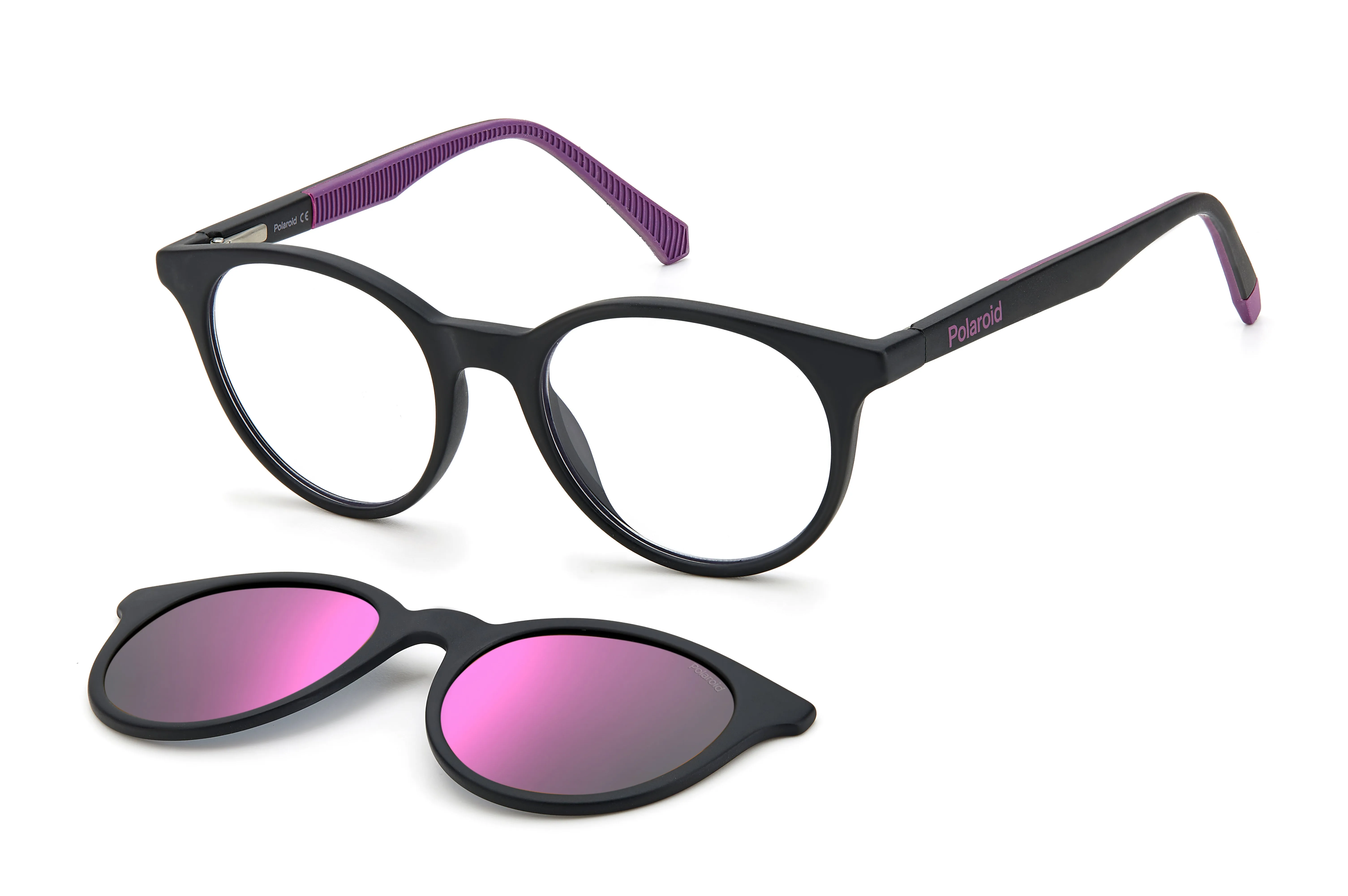 Polaroid PLD 8044/CS 5F3/AI Occhiali da sole bambino Plastica Nero-opaco Viola Rotonda Specchiate Clip-on - immagine 1