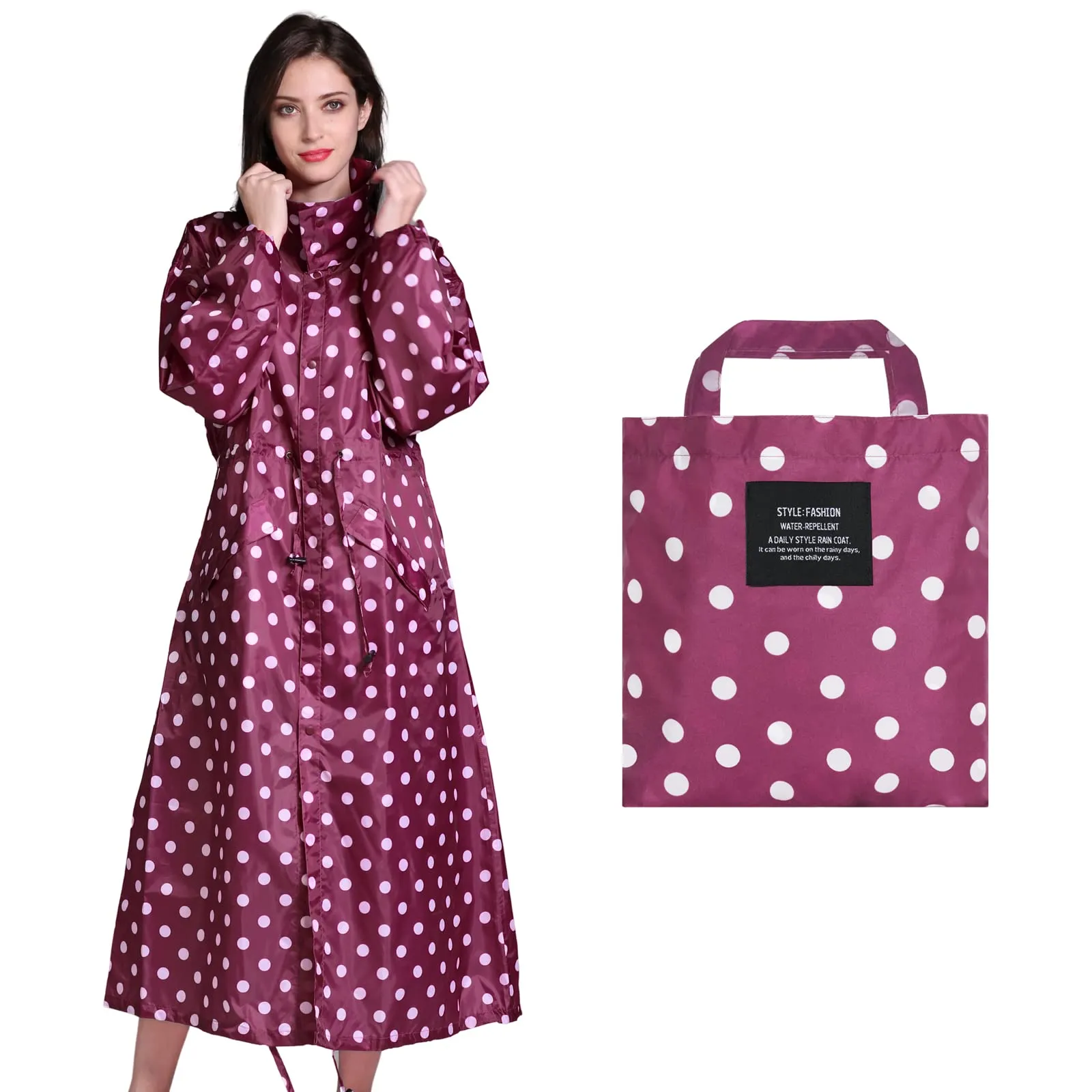 SOPPY Cappotti impermeabili da donna, lunghi e impermeabili, antivento, leggeri, ad asciugatura rapida, con cappuccio, taglia unica, Pois rossi., XXL - immagine 2