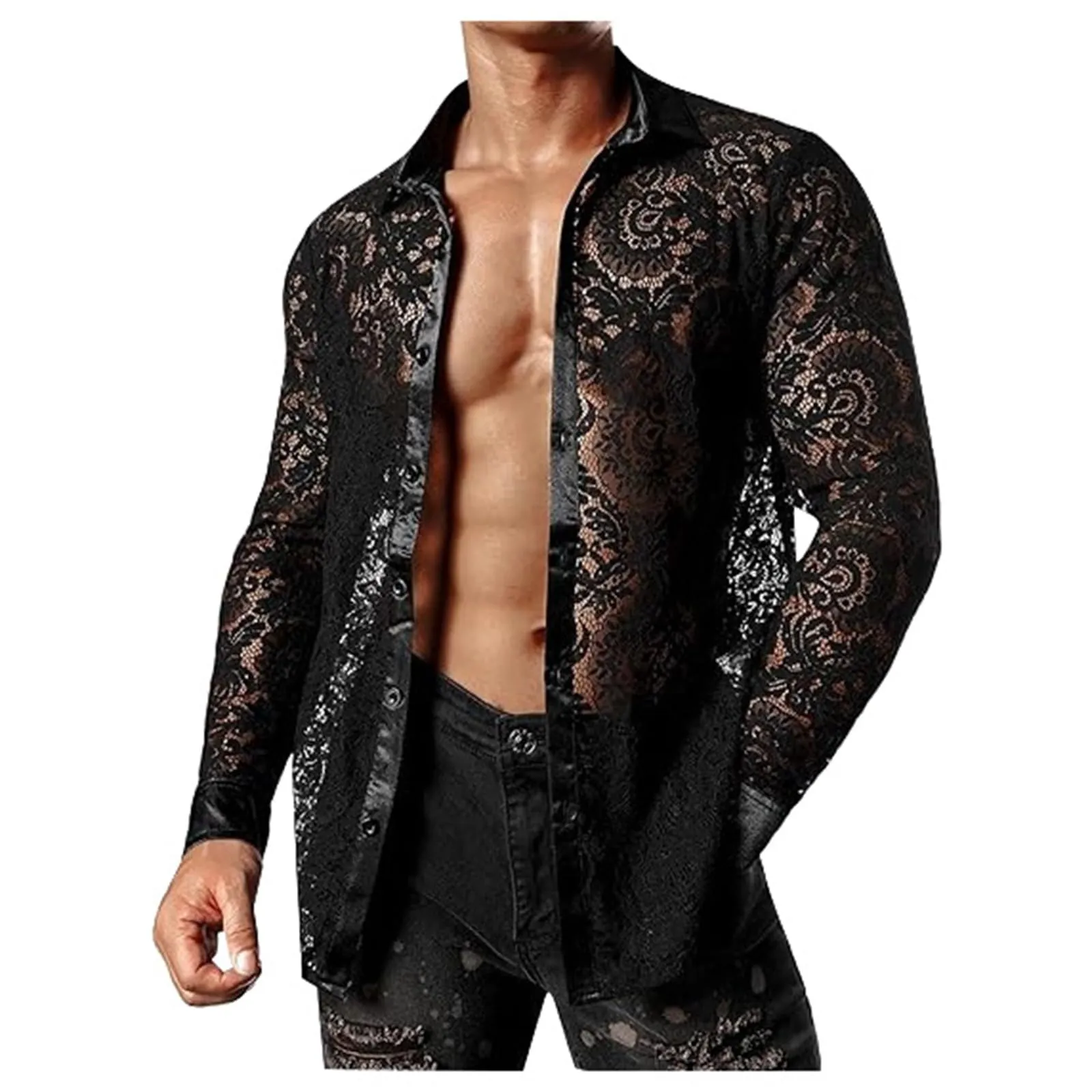 Duohropke Camicia a maniche lunghe da uomo, trasparente, in rete, con bottoni, sexy, erotica, Nero , L - immagine 1