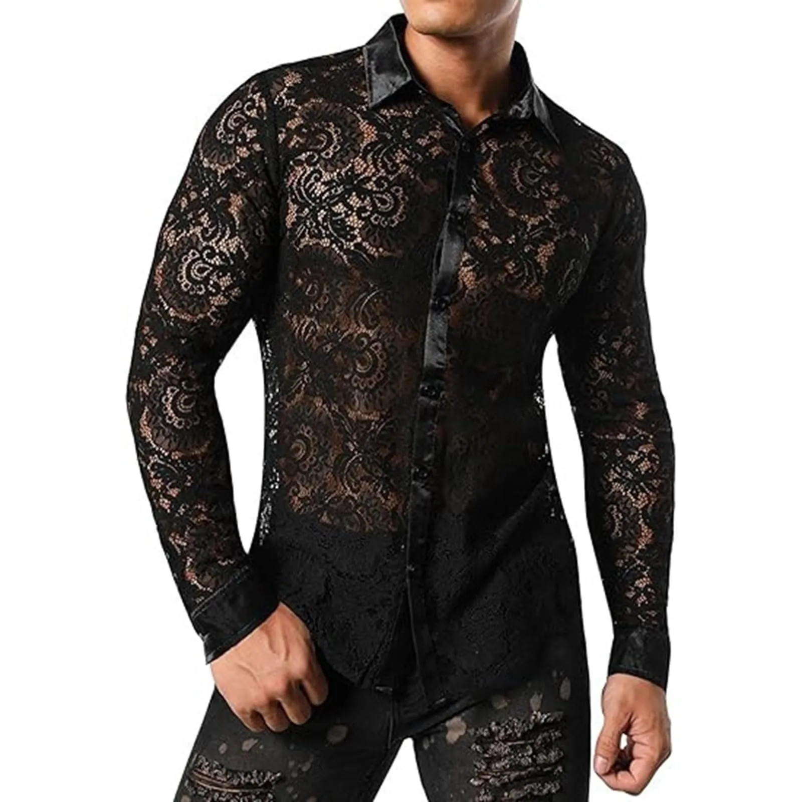Duohropke Camicia a maniche lunghe da uomo, trasparente, in rete, con bottoni, sexy, erotica, Nero , L - immagine 4