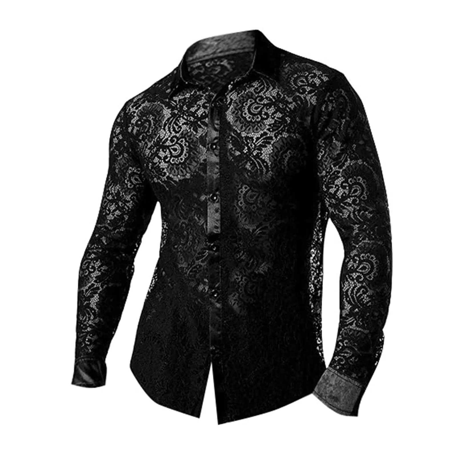 Duohropke Camicia a maniche lunghe da uomo, trasparente, in rete, con bottoni, sexy, erotica, Nero , L - immagine 6