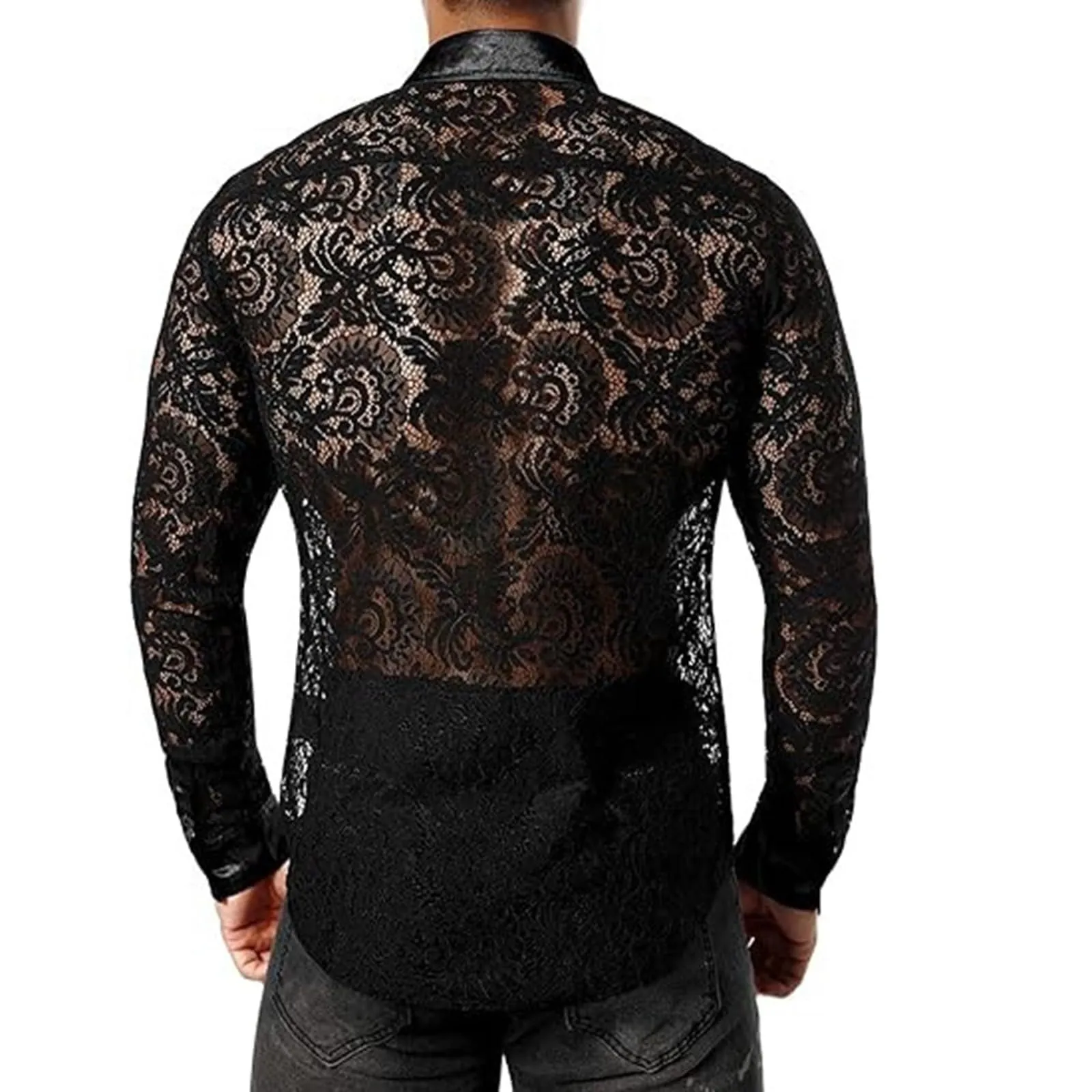 Duohropke, maglietta a maniche lunghe da uomo, in rete trasparente, top in mesh, camicia in rete con bottoni, biancheria intima sexy, abbigliamento da club, Nero , 3XL - immagine 5